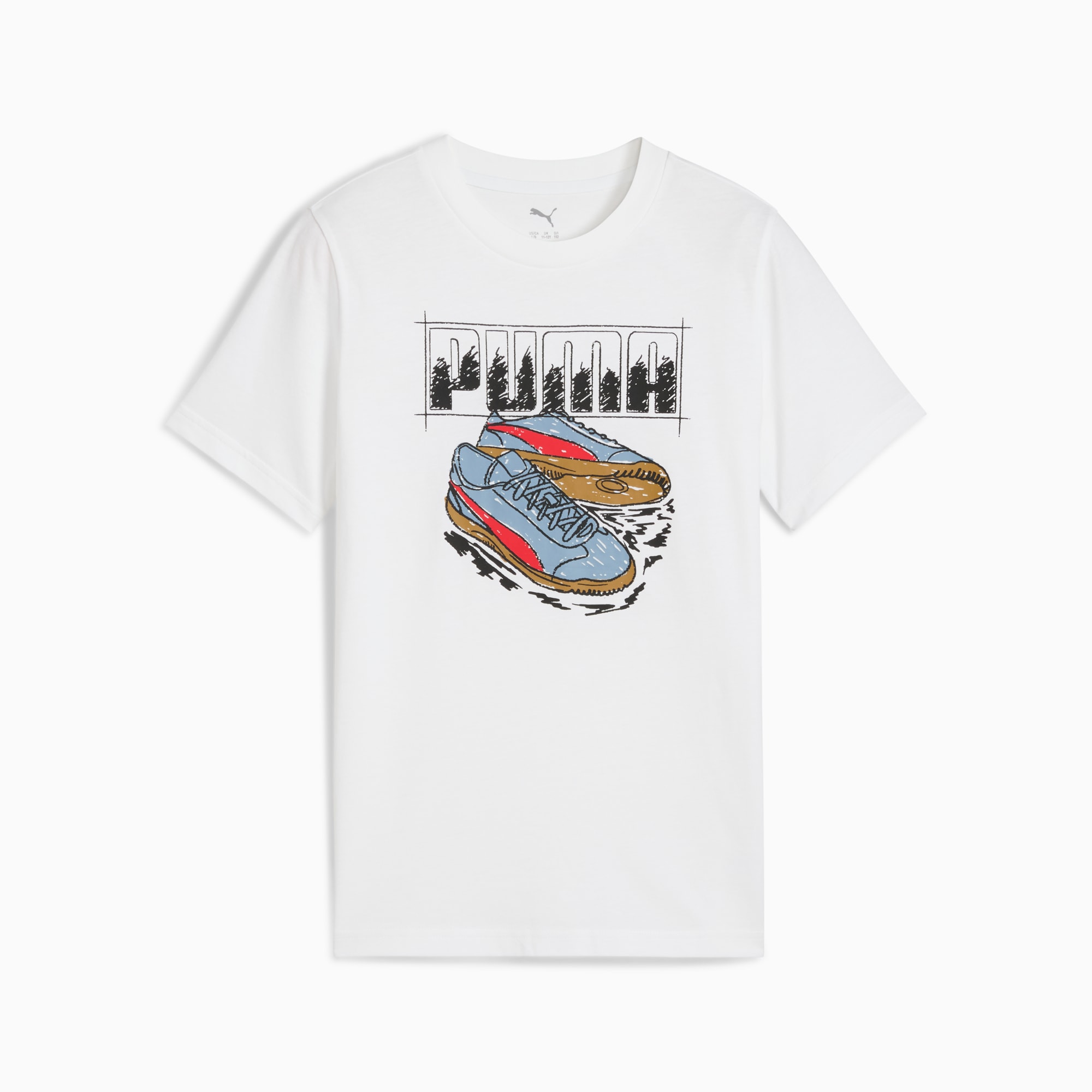 T-shirt PUMA bianco da ragazzo con grafica di scarpe e logo PUMA stampato.