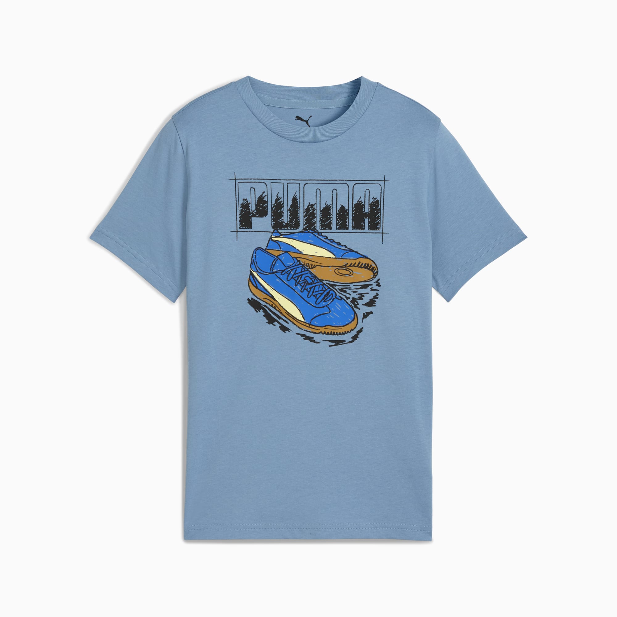 T-shirt PUMA bleu pour enfant avec un motif de chaussure et le logo.