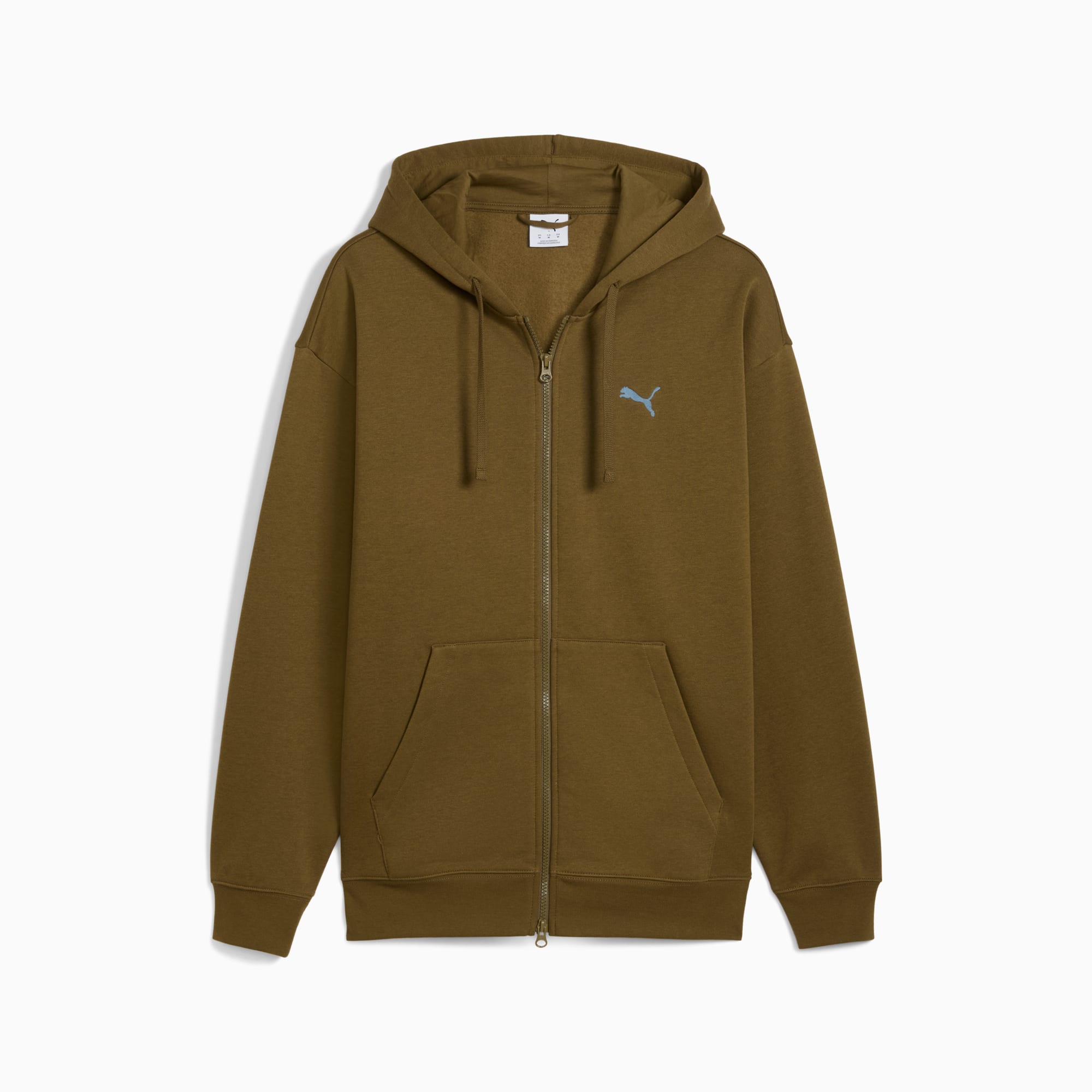 Olive PUMA hooded zip-up top, featuring a subtle logo and front pocket.