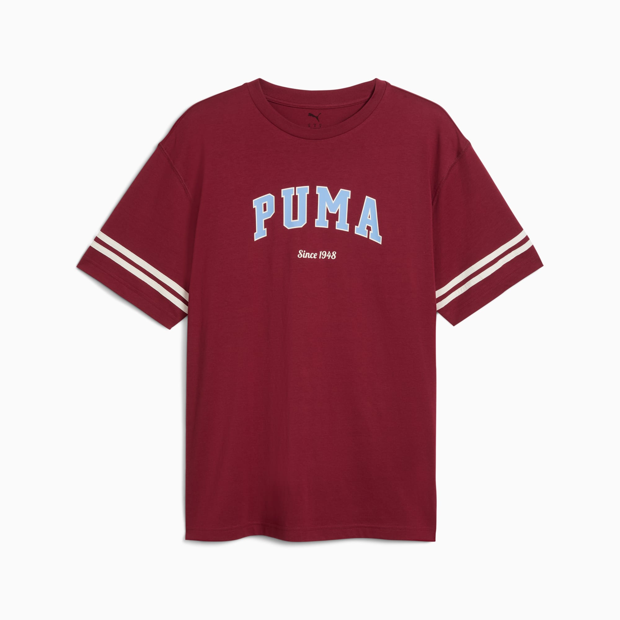 Bordeauxrood PUMA dames T-shirt met 'PUMA' en 'Since 1948' tekst en gestreepte mouwen.
