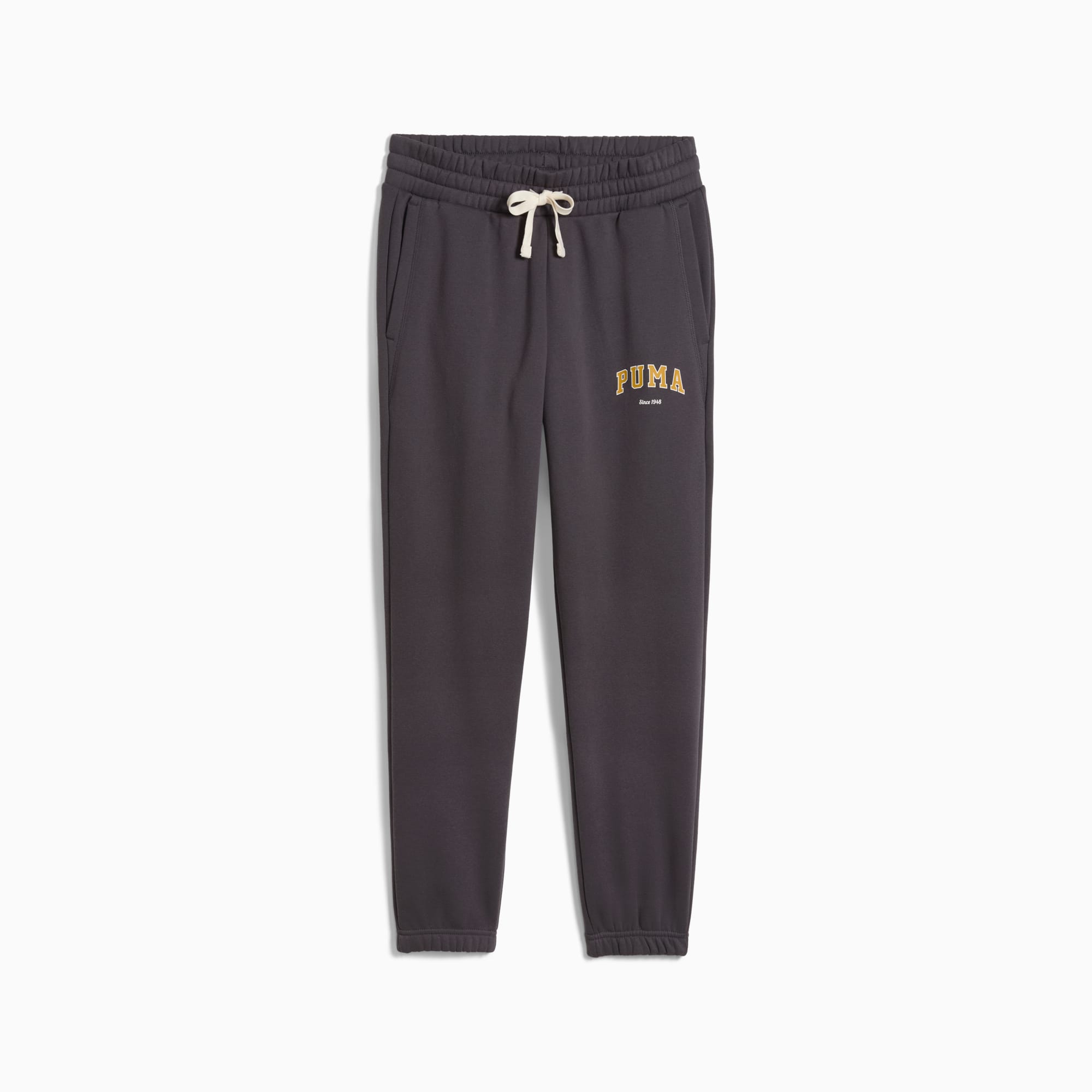 Grey PUMA jogging bottoms for adults, featuring an adjustable drawstring and logo detail.