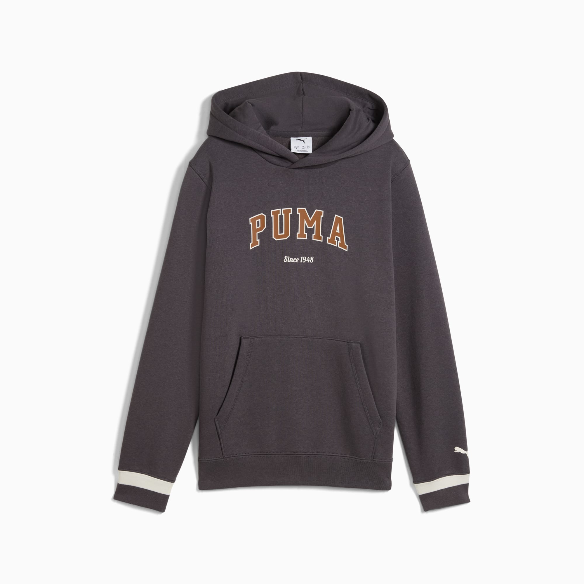 Grauer PUMA Hoodie für Jugendliche mit Fronttasche und Markenlogo-Design.