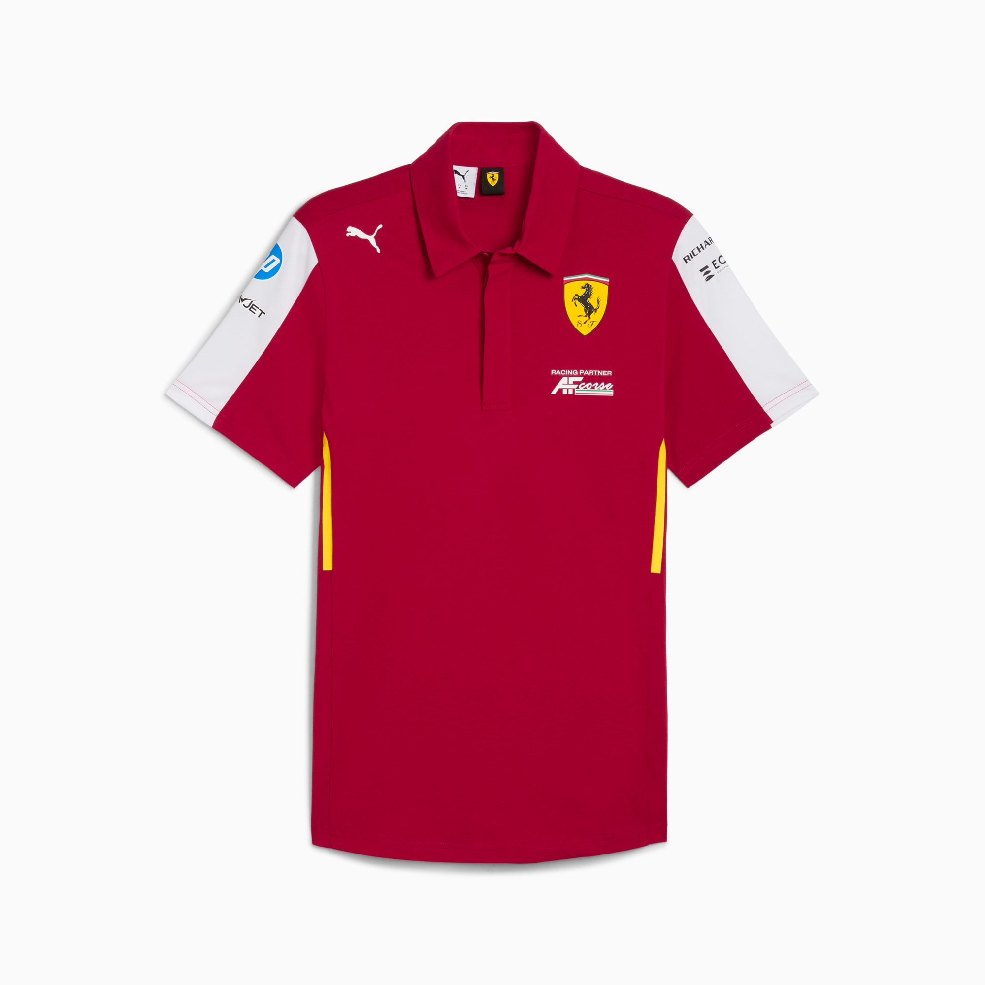 Polo rojo PUMA para adultos con mangas blancas y logos de patrocinadores.