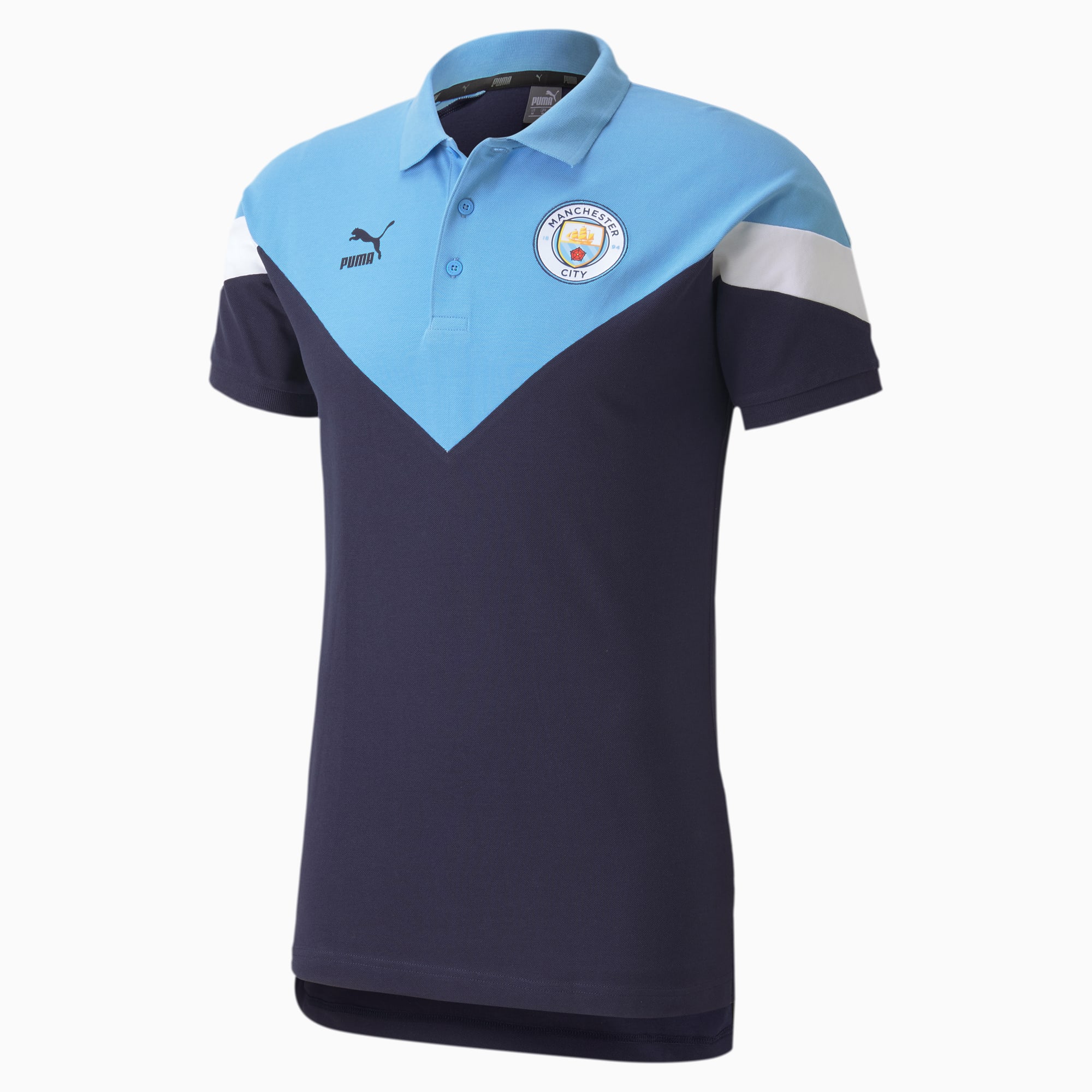 Manchester City FC Official Gift Mens Striped Polo Shirt Blue Marl