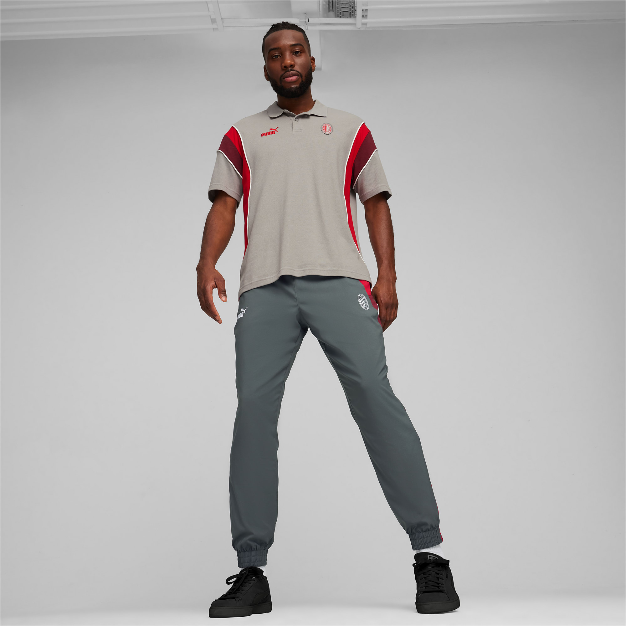 AC Milan FtblArchive Men s Football Polo Concrete Gray Tango Red PUMA All Football Products PUMA