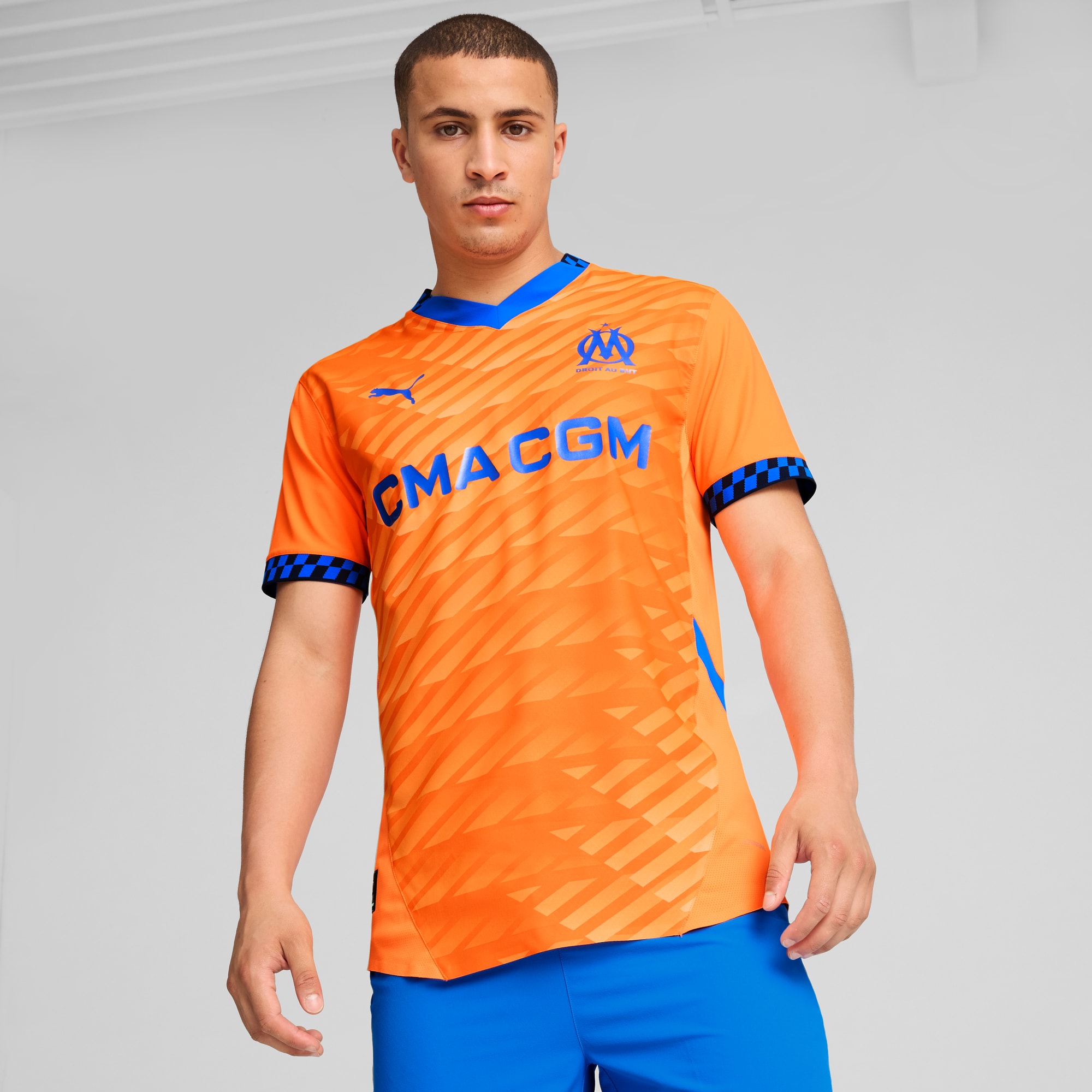 Camiseta original Olympique de Marseille 3.ª equipación 24/25 para hombre, Fluro Orange Pes-Cayenne Pepper-Racing Blue, large
