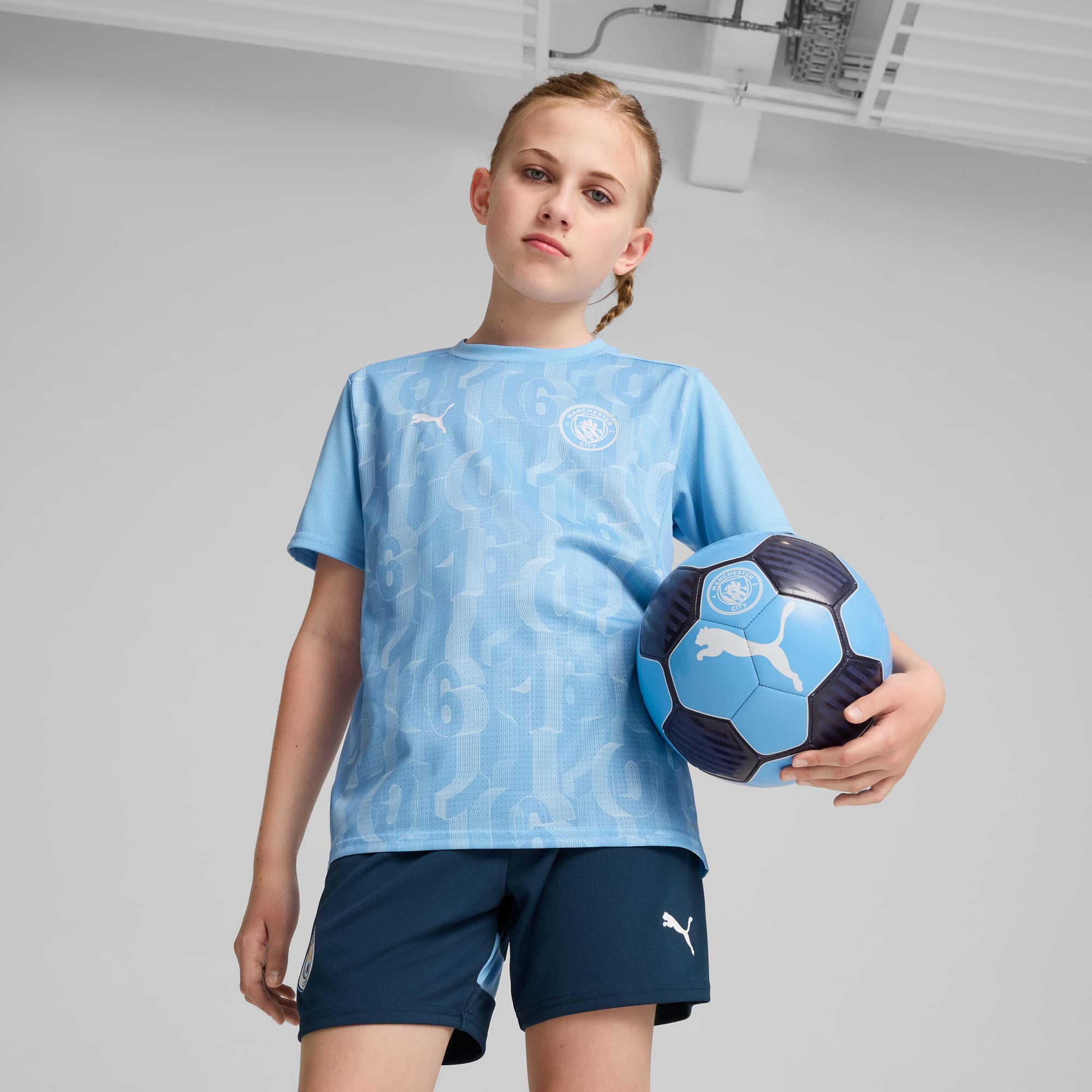Manchester City Pre-match Short Sleeve Jersey Youth, Team Light Blue-PUMA White, large