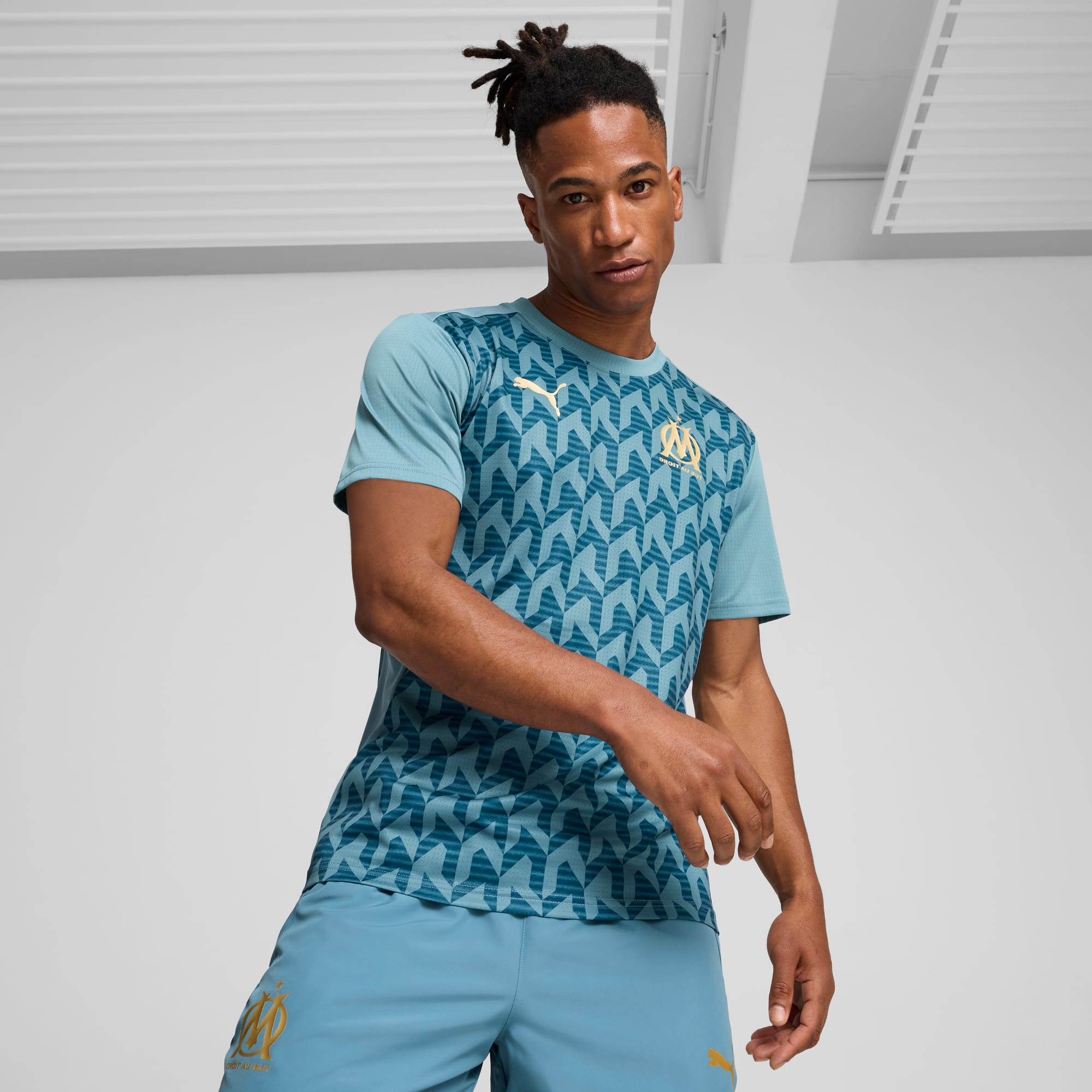 Olympique de Marseille Pre-match Short Sleeve Jersey Men, Bold Blue-Ocean Tropic, large