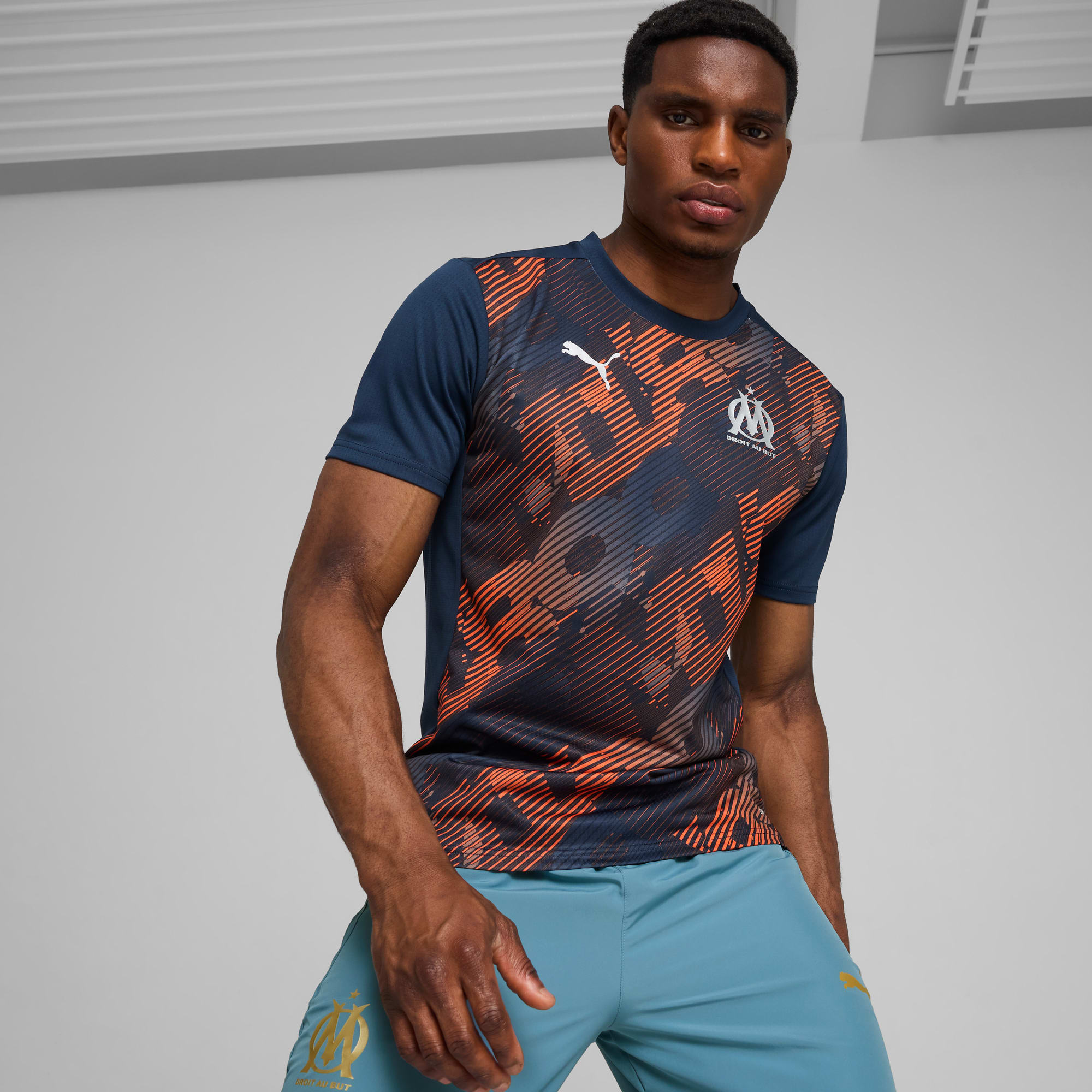 Olympique de Marseille Pre-match Short Sleeve Jersey Men, Club Navy-Cayenne Pepper, large