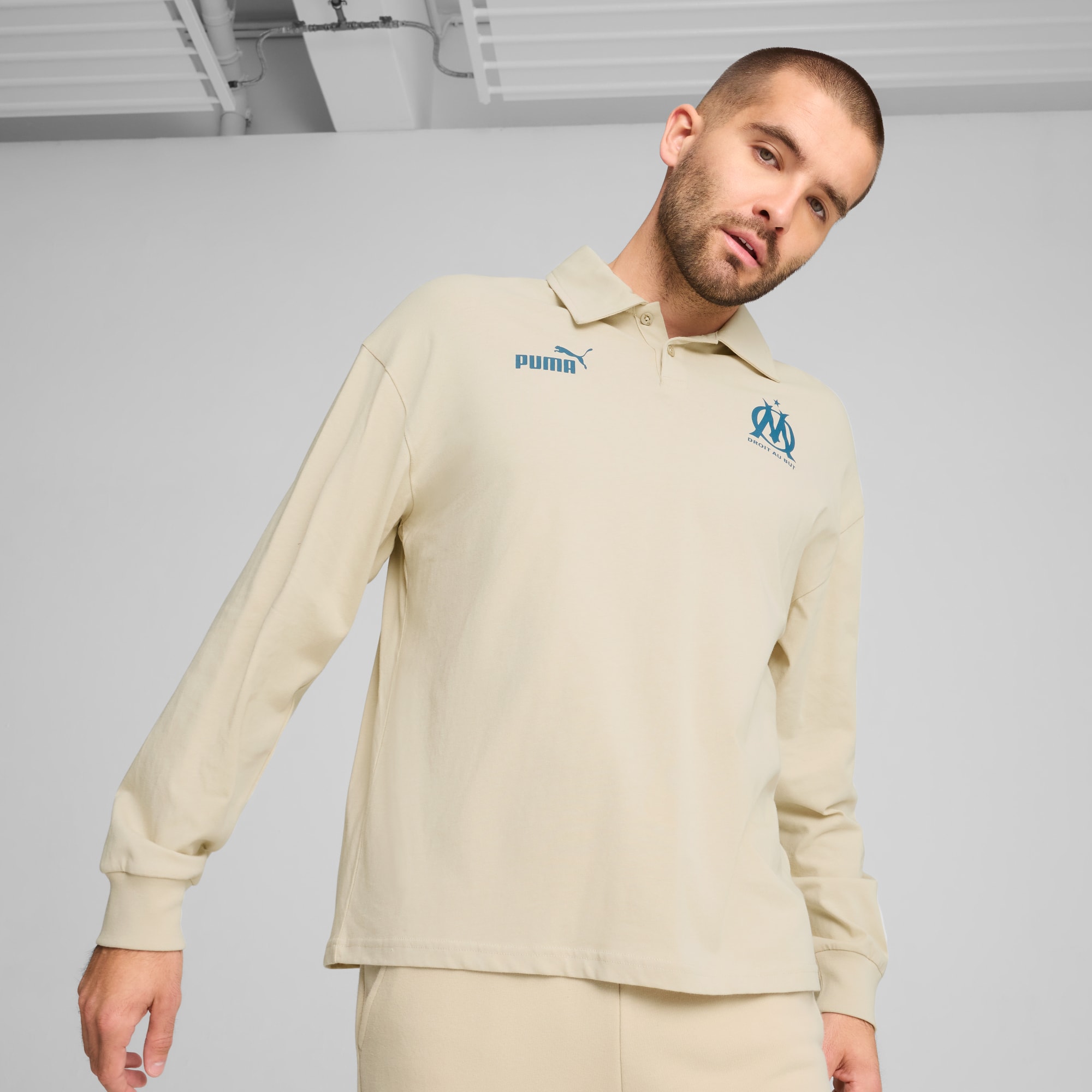 Olympique de Marseille ftblCULTURE+ Long-Sleeve Polo Men, Putty-Ocean Tropic, large