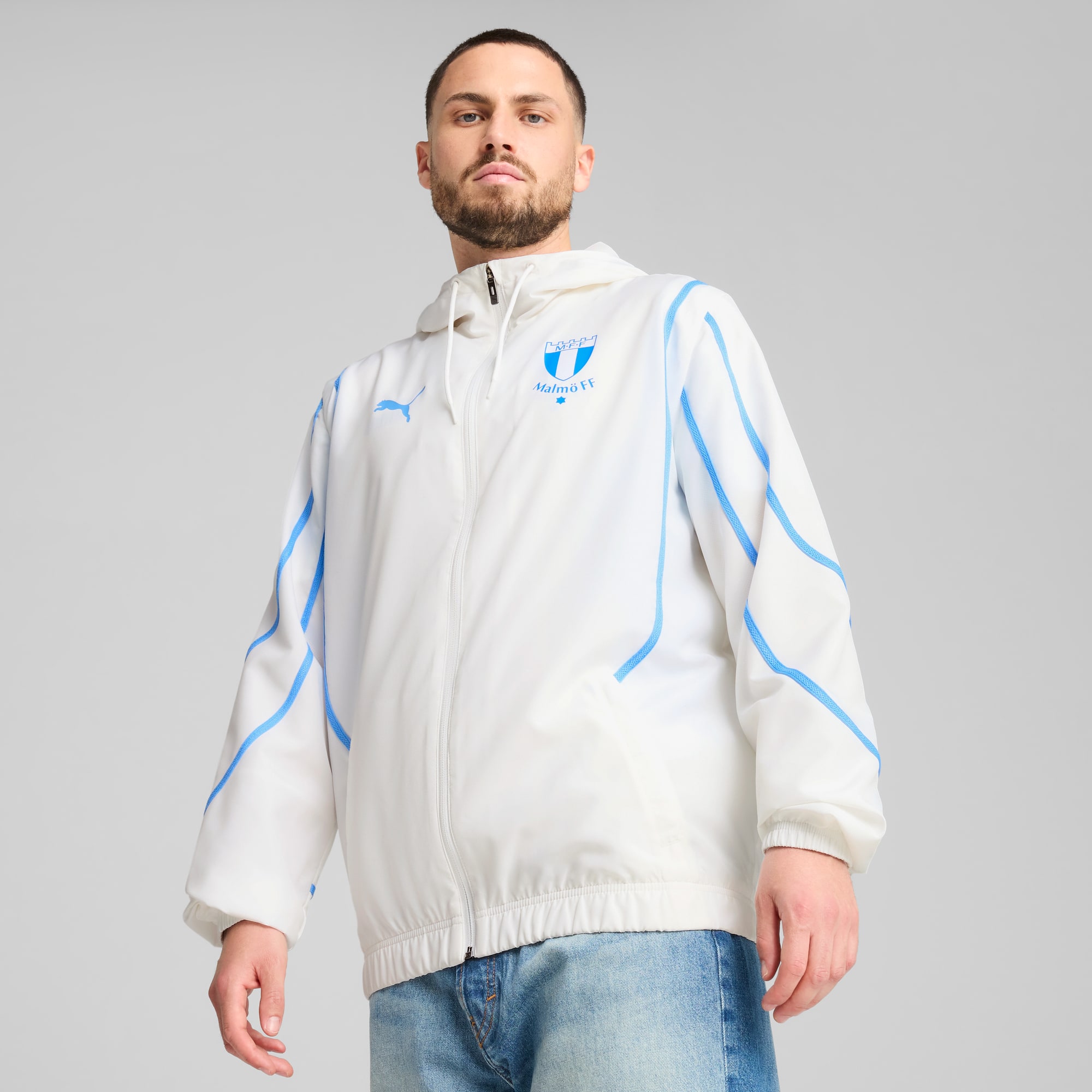 Malmö FF Pre-Match Woven Jacket Men, PUMA White-Team Light Blue, large