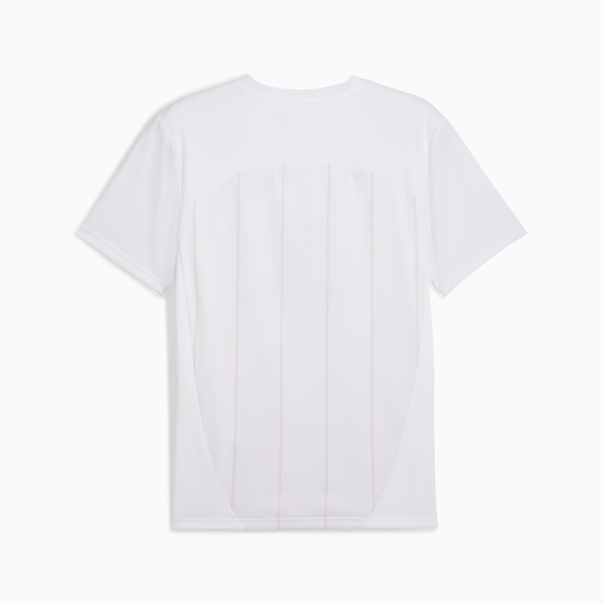 T-shirt PUMA blanc adulte avec détail rayé vertical au dos.