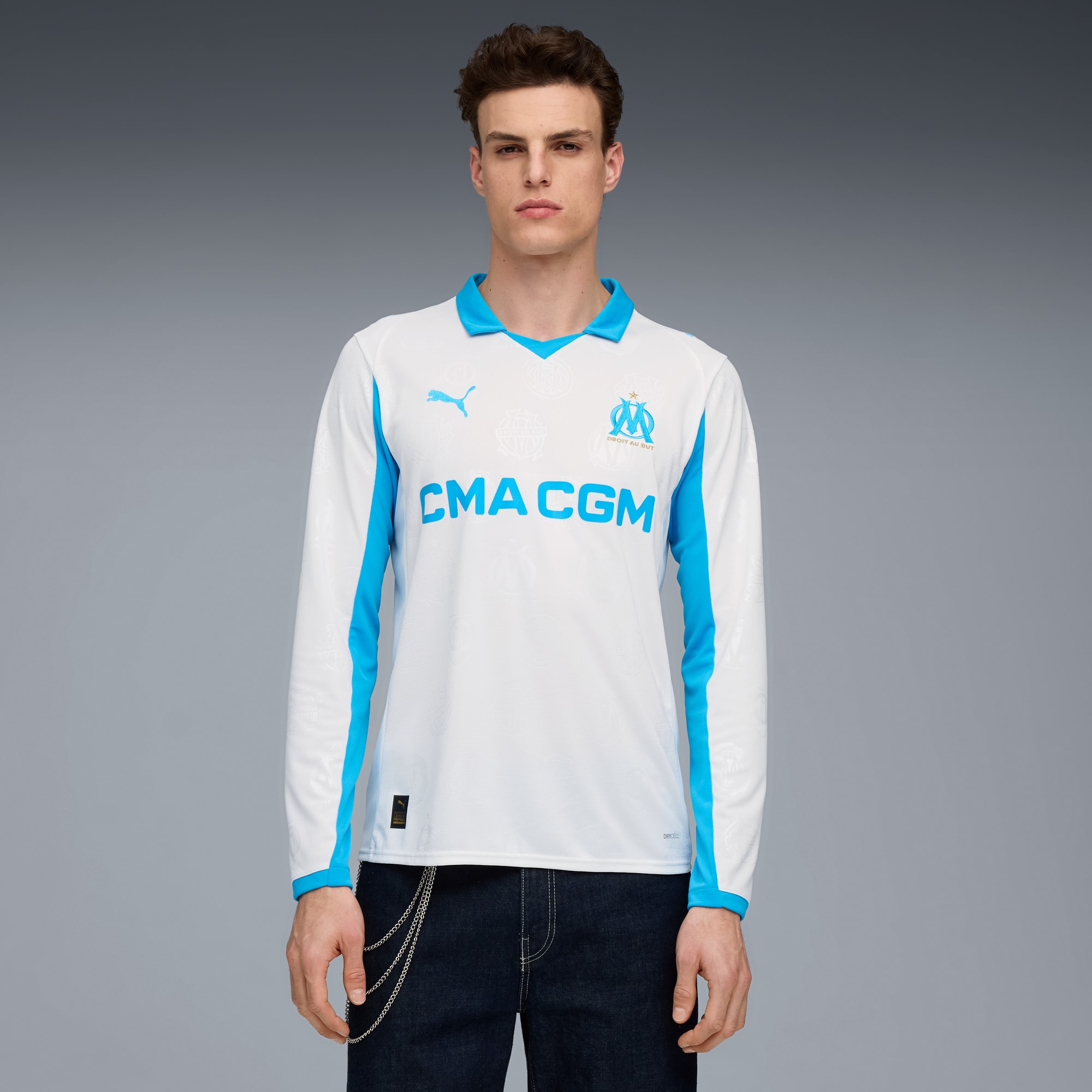 Camiseta de manga larga Olympique de Marseille 1.ª equipación 25/26 para hombre, PUMA White-Bleu Azur, large