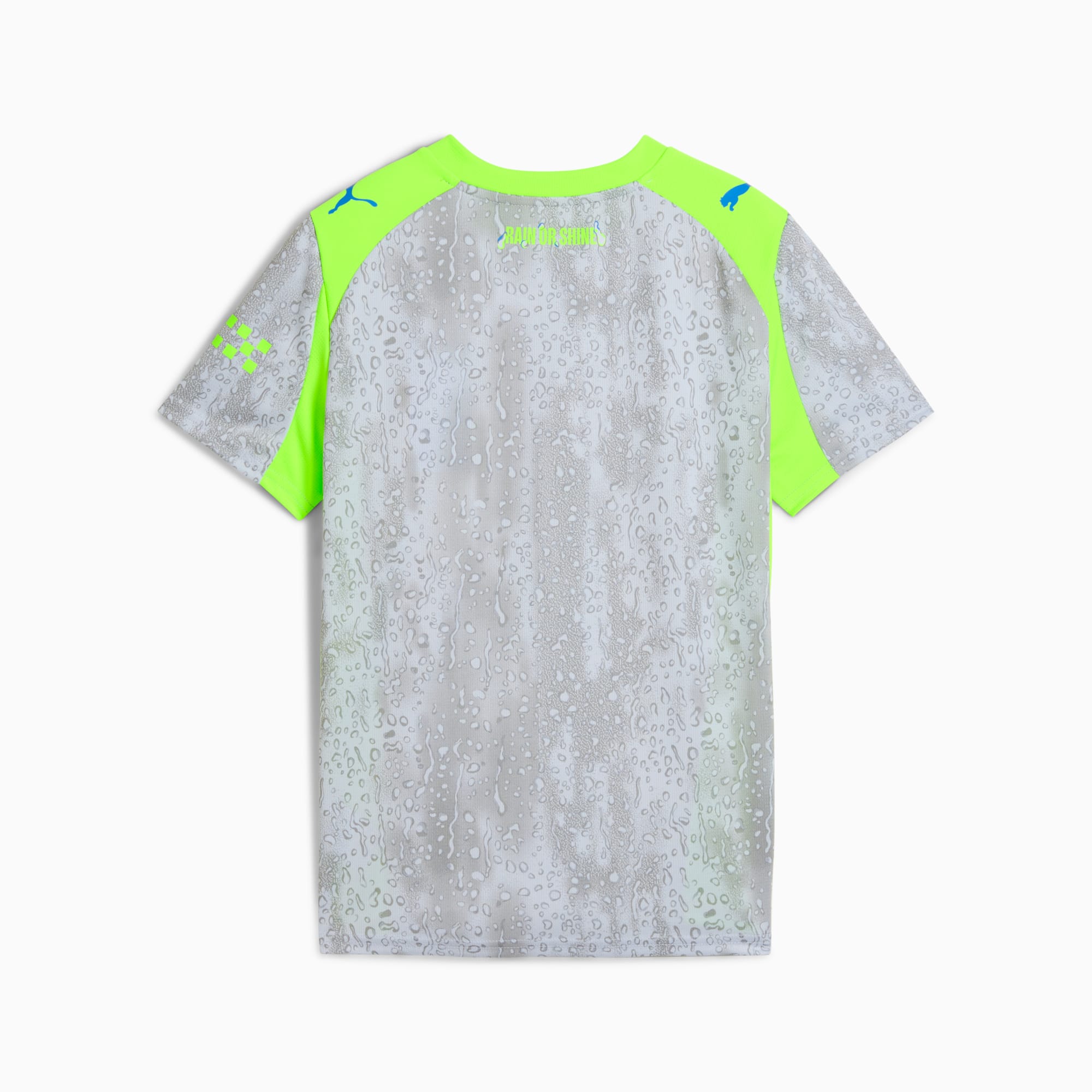 Grijs PUMA T-shirt voor kinderen, regendruppeldesign, met gele en blauwe accenten.