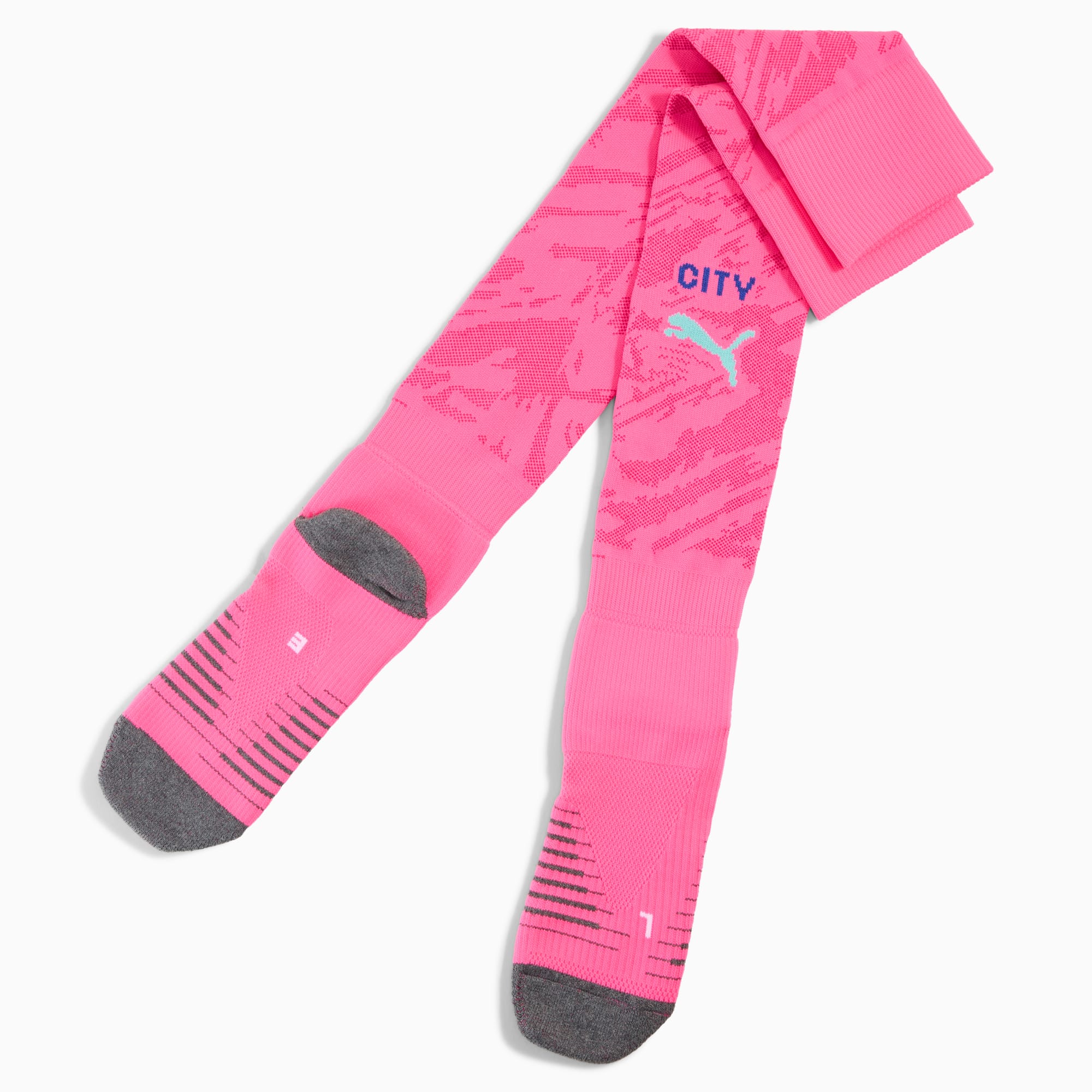 Pink PUMA socks with grey toe and heel, featuring blue logo and 'CITY' text.