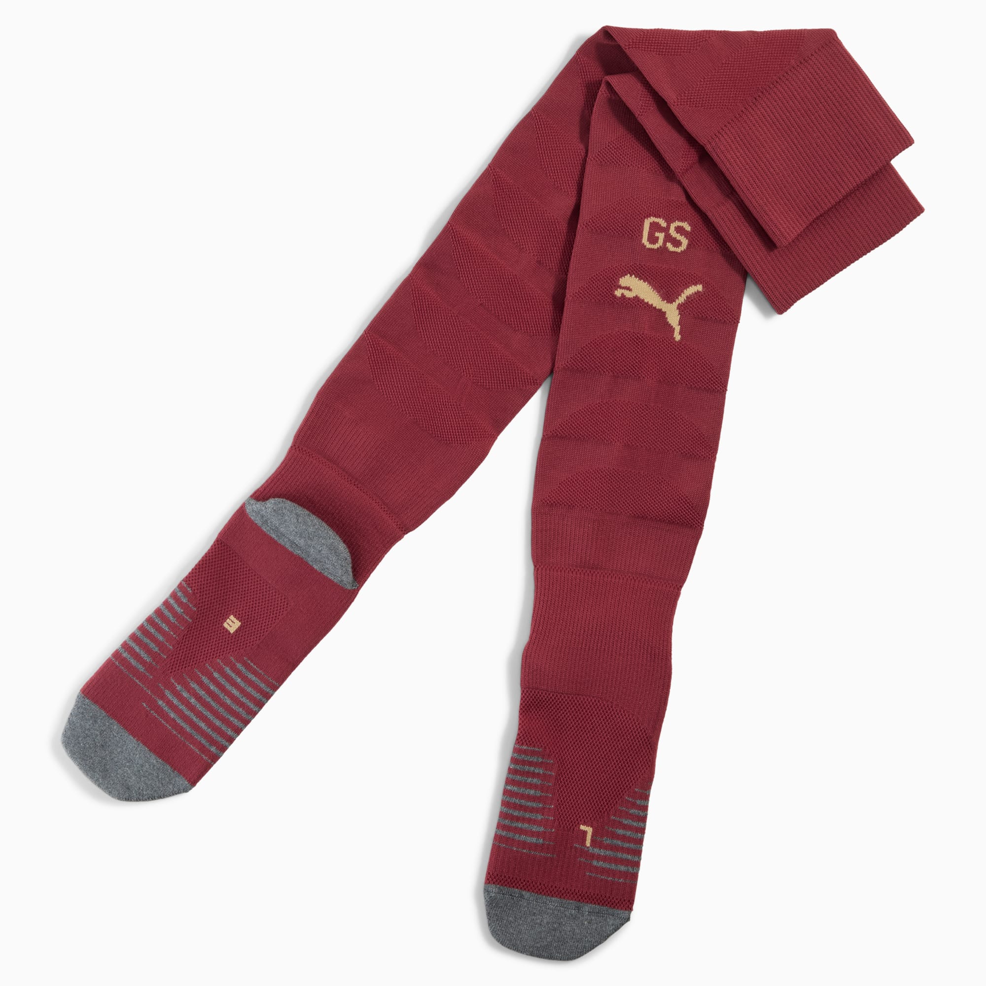 Bordeaux PUMA sokken met gouden logo en 'GS' letters, met grijze teen en hiel.