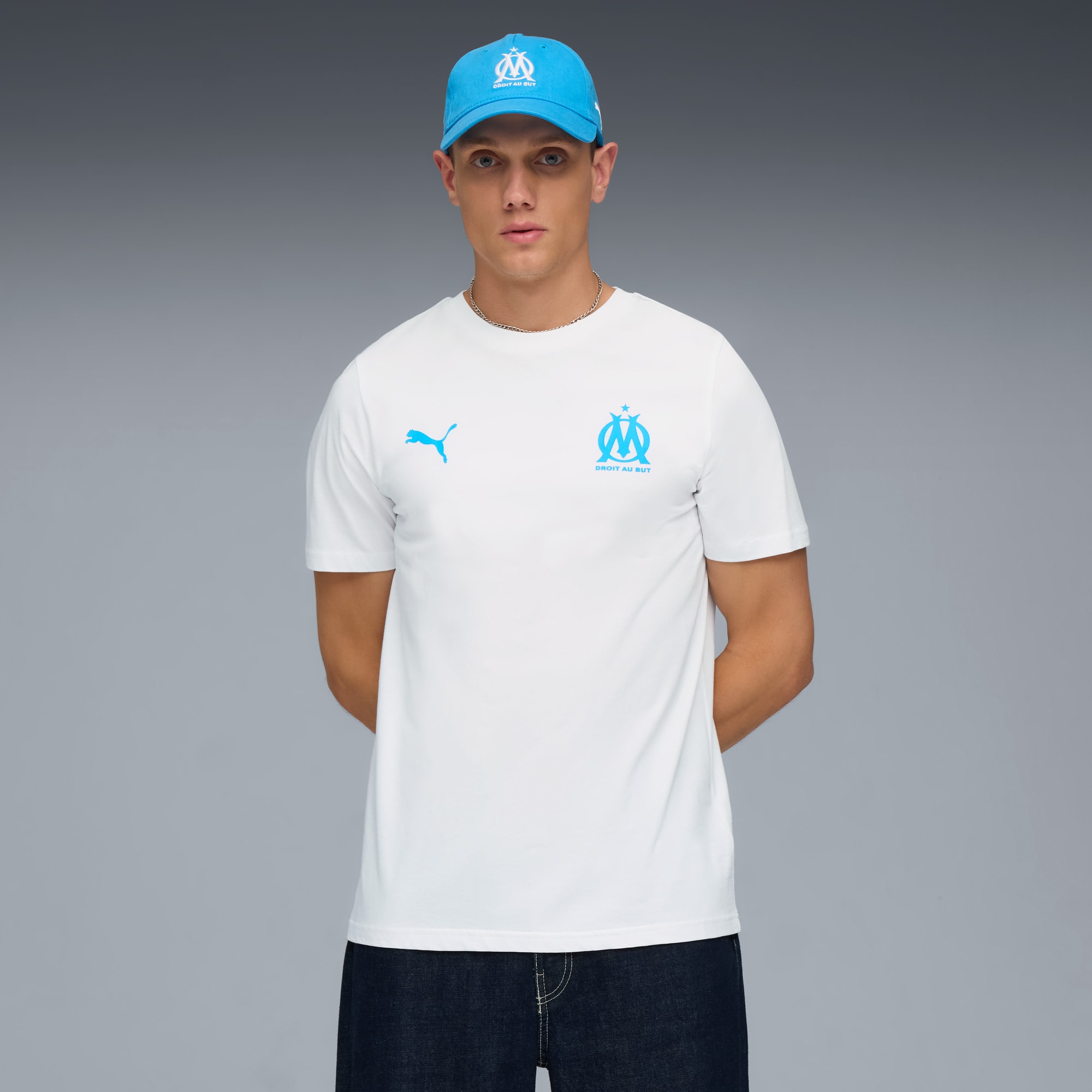 Olympique de Marseille FtblEssentials T-shirt voor heren, PUMA White-Bleu Azur, large