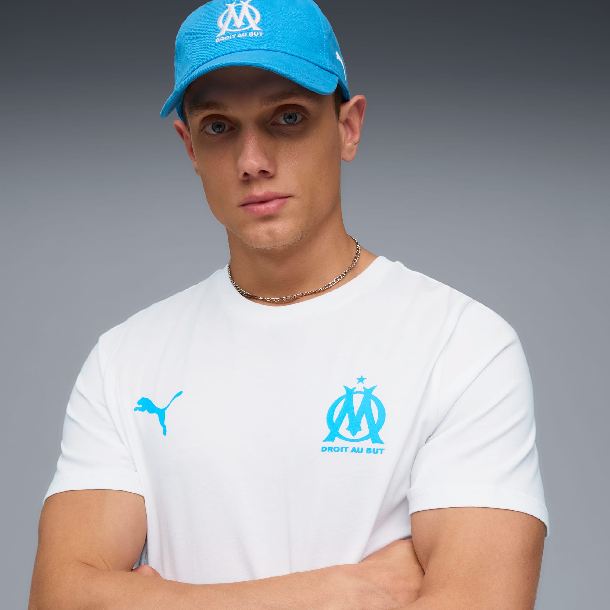 Olympique de Marseille FtblEssentials T-shirt voor heren, PUMA White-Bleu Azur, large