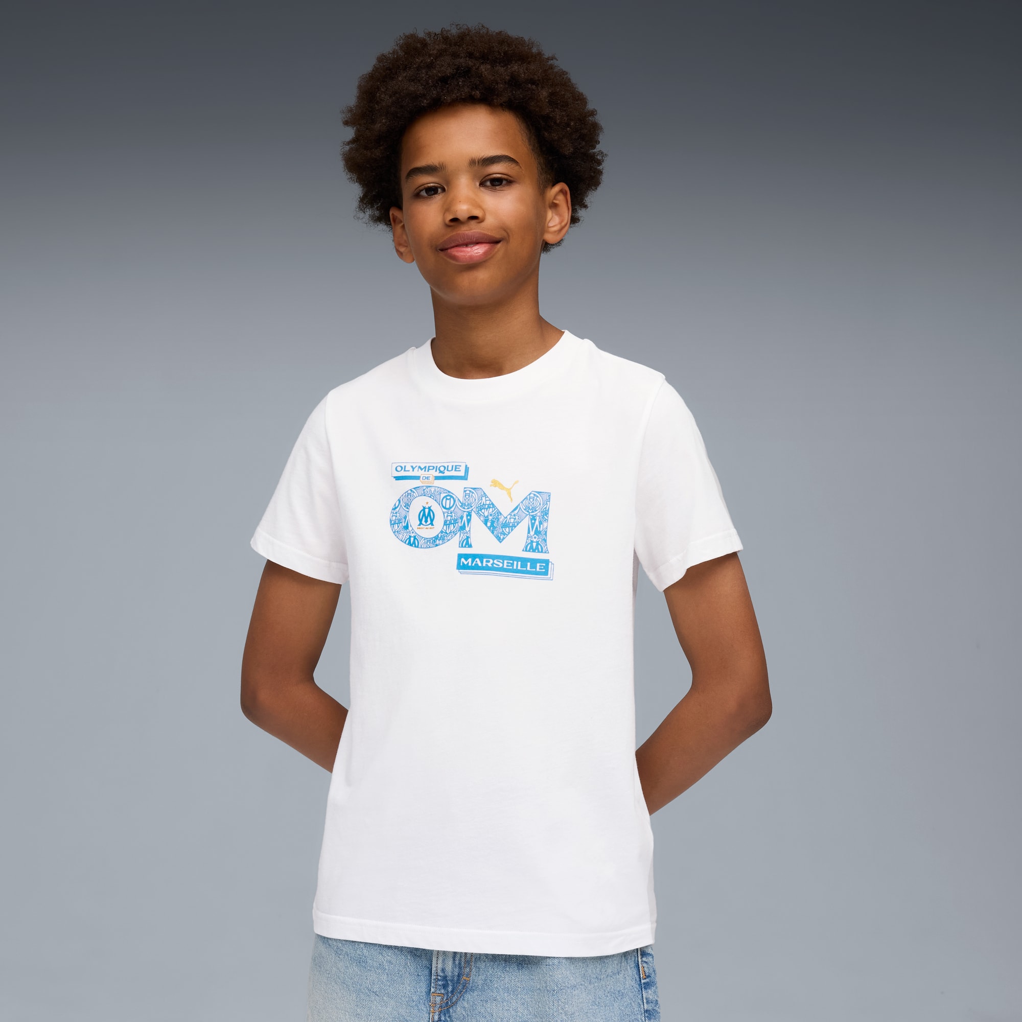 T-shirt Olympique de Marseille FtblCulture per ragazzi, PUMA White-Bleu Azur, large