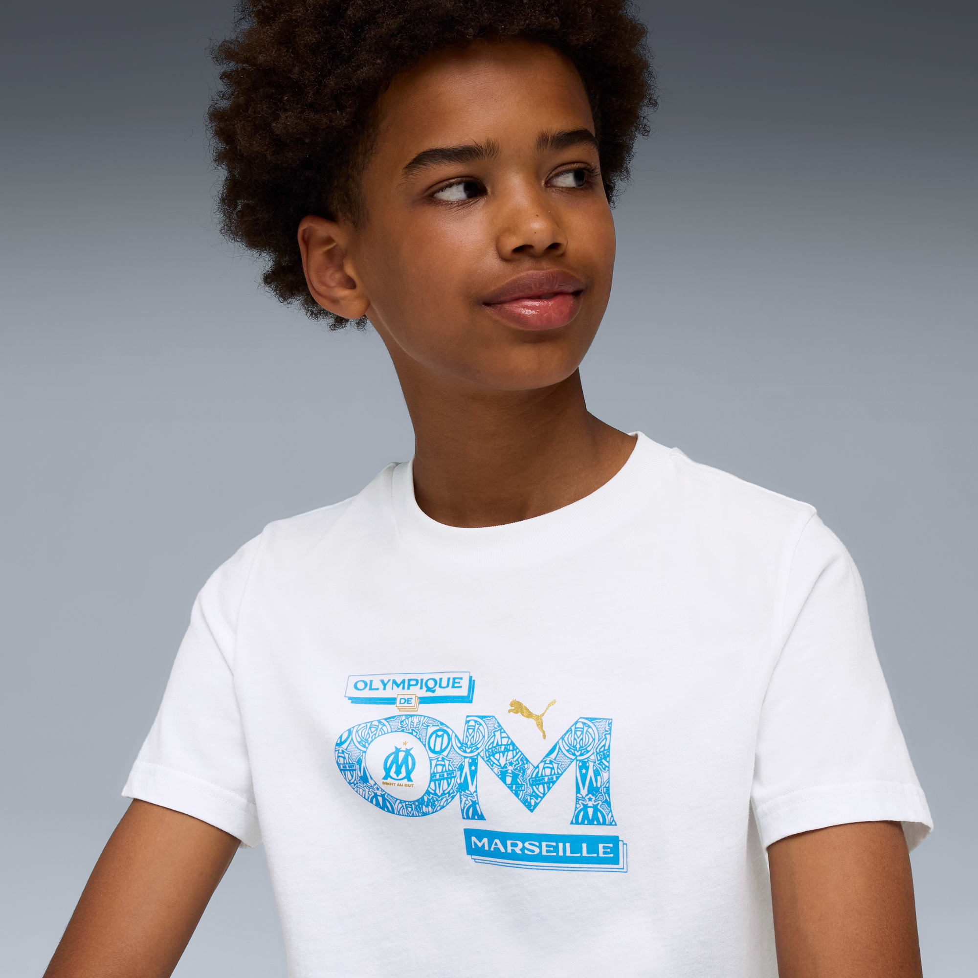 T-shirt Olympique de Marseille FtblCulture per ragazzi, PUMA White-Bleu Azur, large