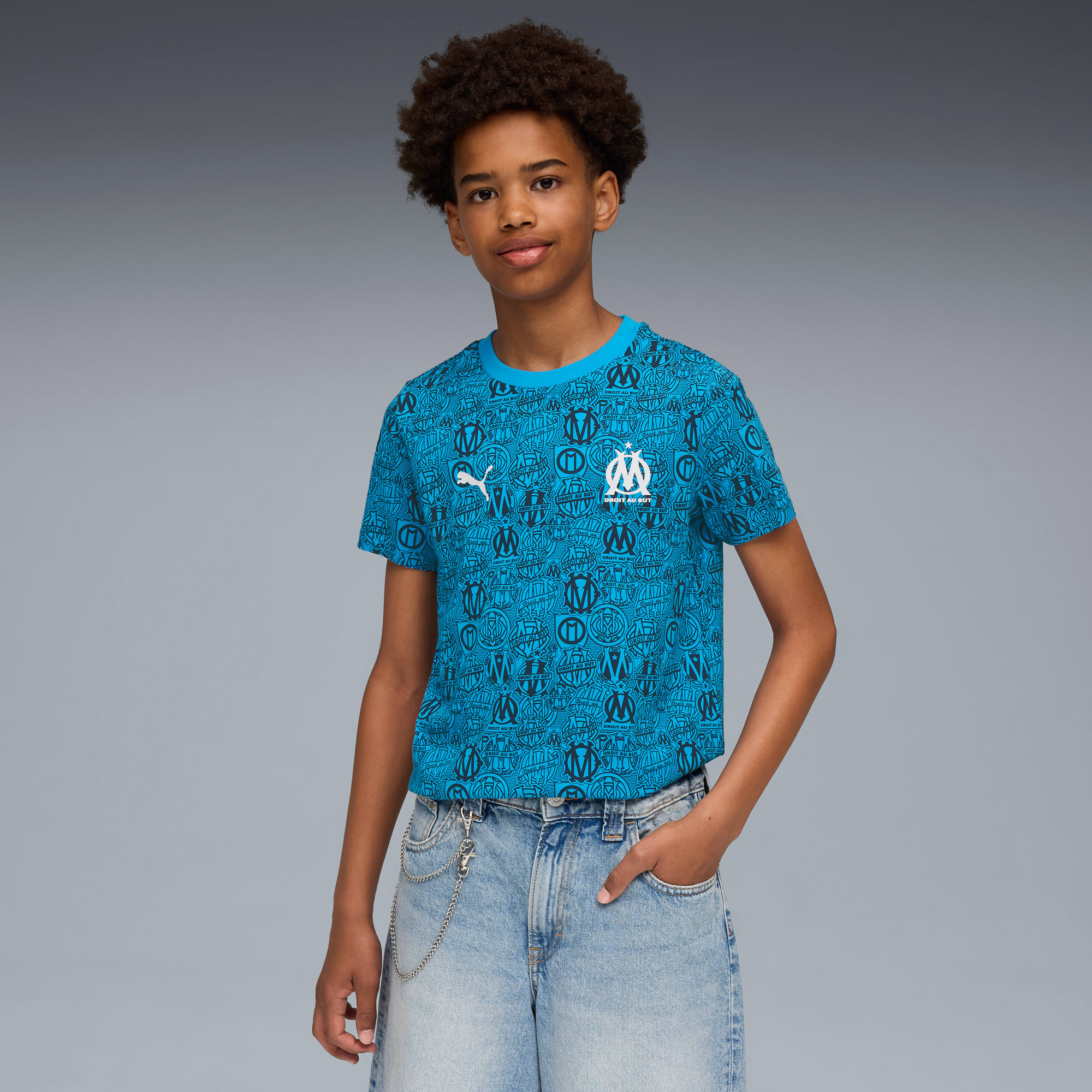 T-shirt con stampa integrale Olympique de Marseille FtblCulture per ragazzi, Bleu Azur-New Navy, large