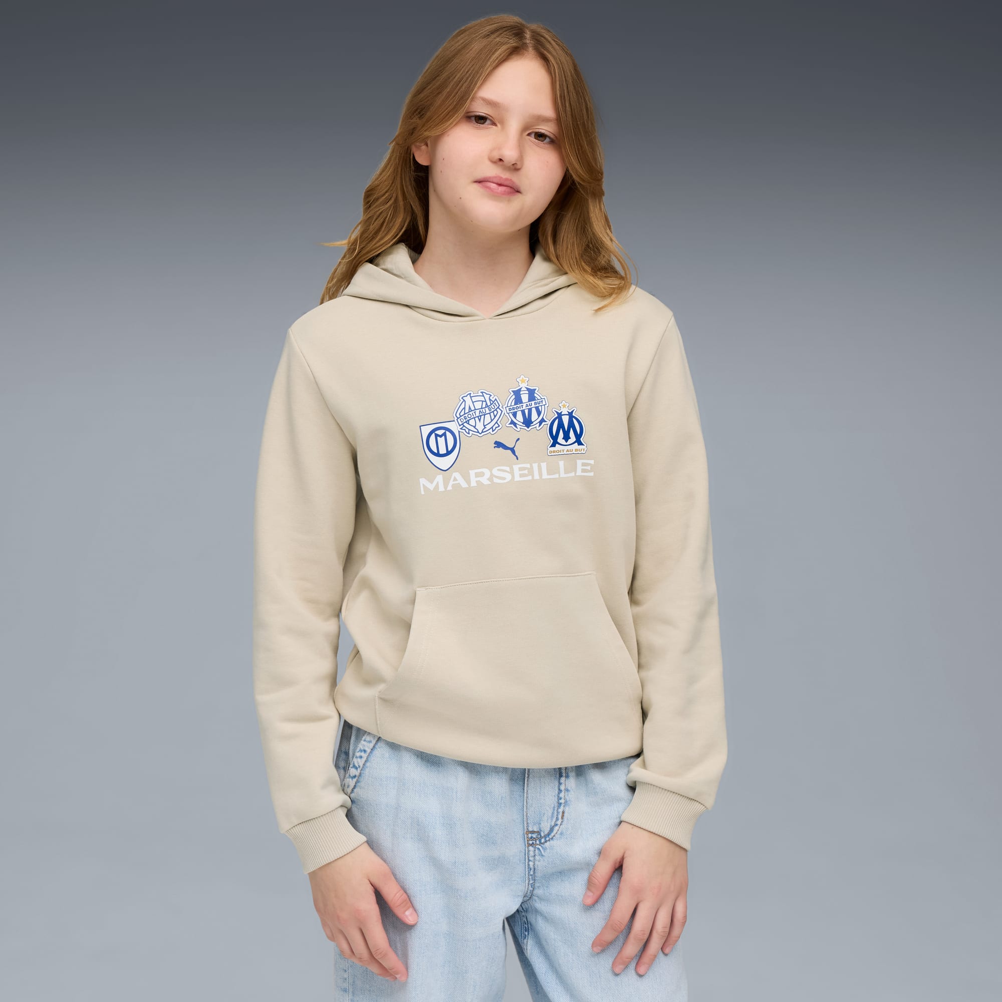 Olympique de Marseille FtblCulture Hoodie Teenager, Desert Dust-Vivid Blue, large