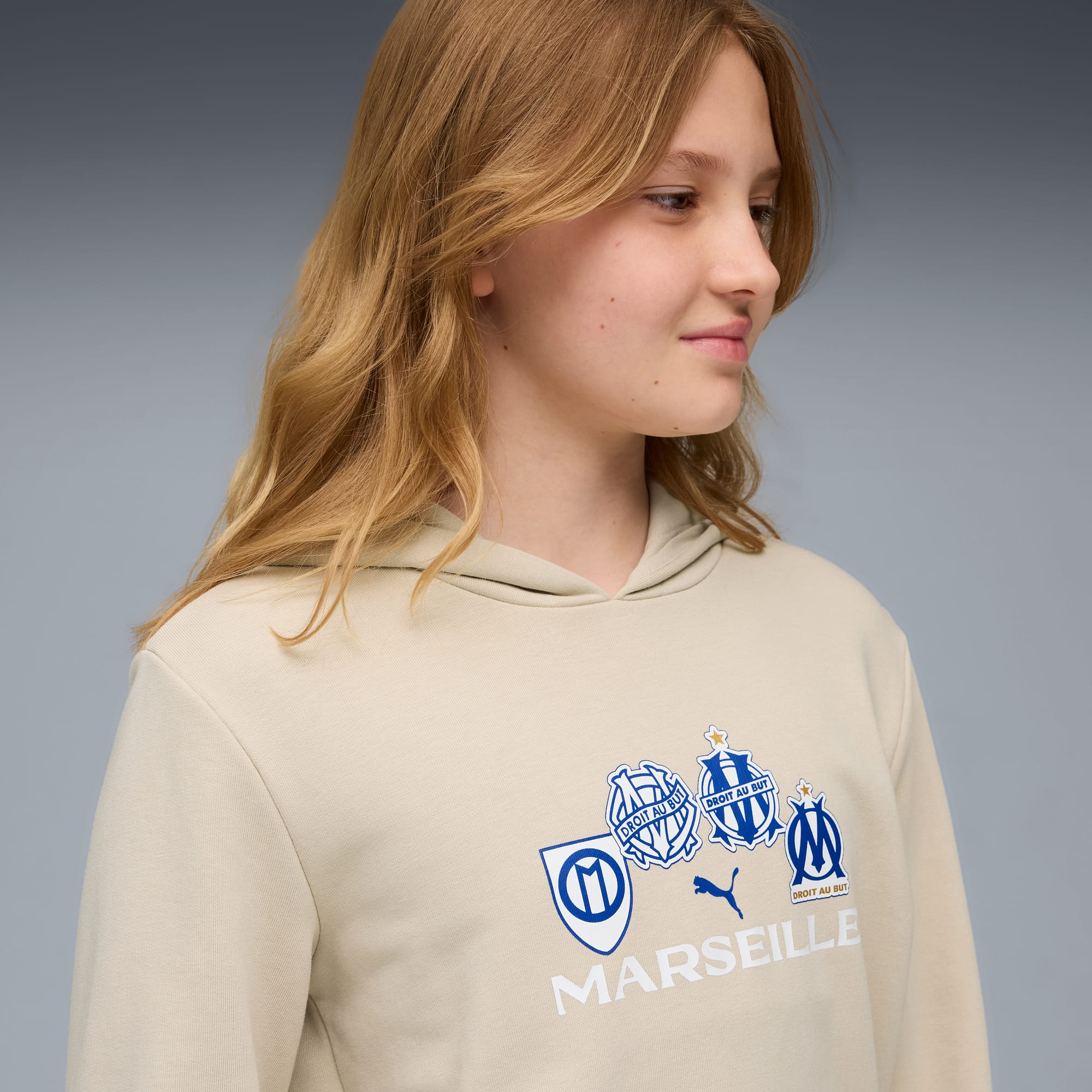 Olympique de Marseille FtblCulture Hoodie Teenager, Desert Dust-Vivid Blue, large