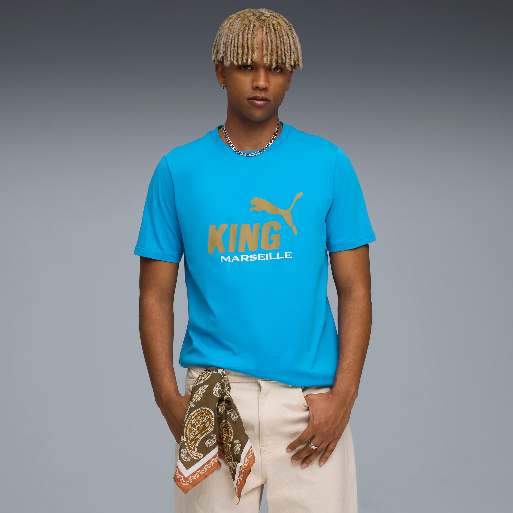 T-shirt con logo Olympique de Marseille KING da uomo, Bleu Azur-Gold, large