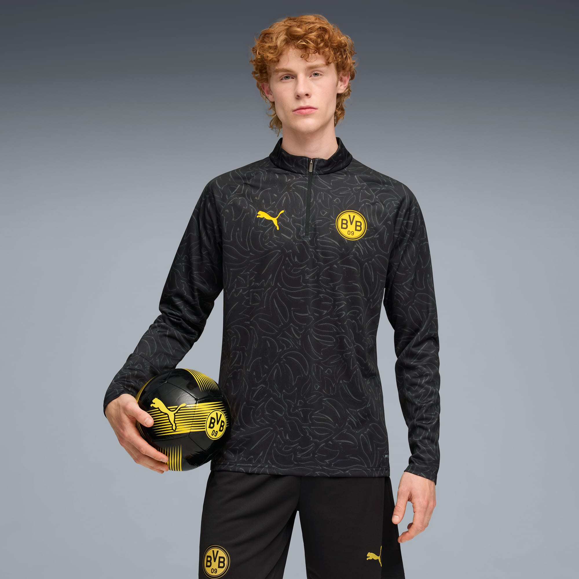 Borussia Dortmund Pre-match Quarter-Zip Top Men, PUMA Black-Yellow Sizzle, large