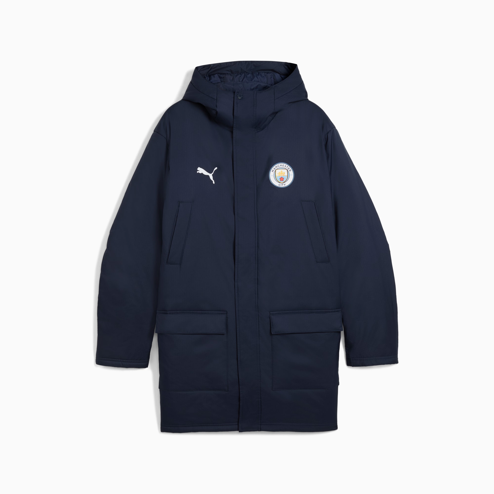 Marineblauer PUMA Kapuzenparka für Erwachsene mit Logos und Vordertaschen.