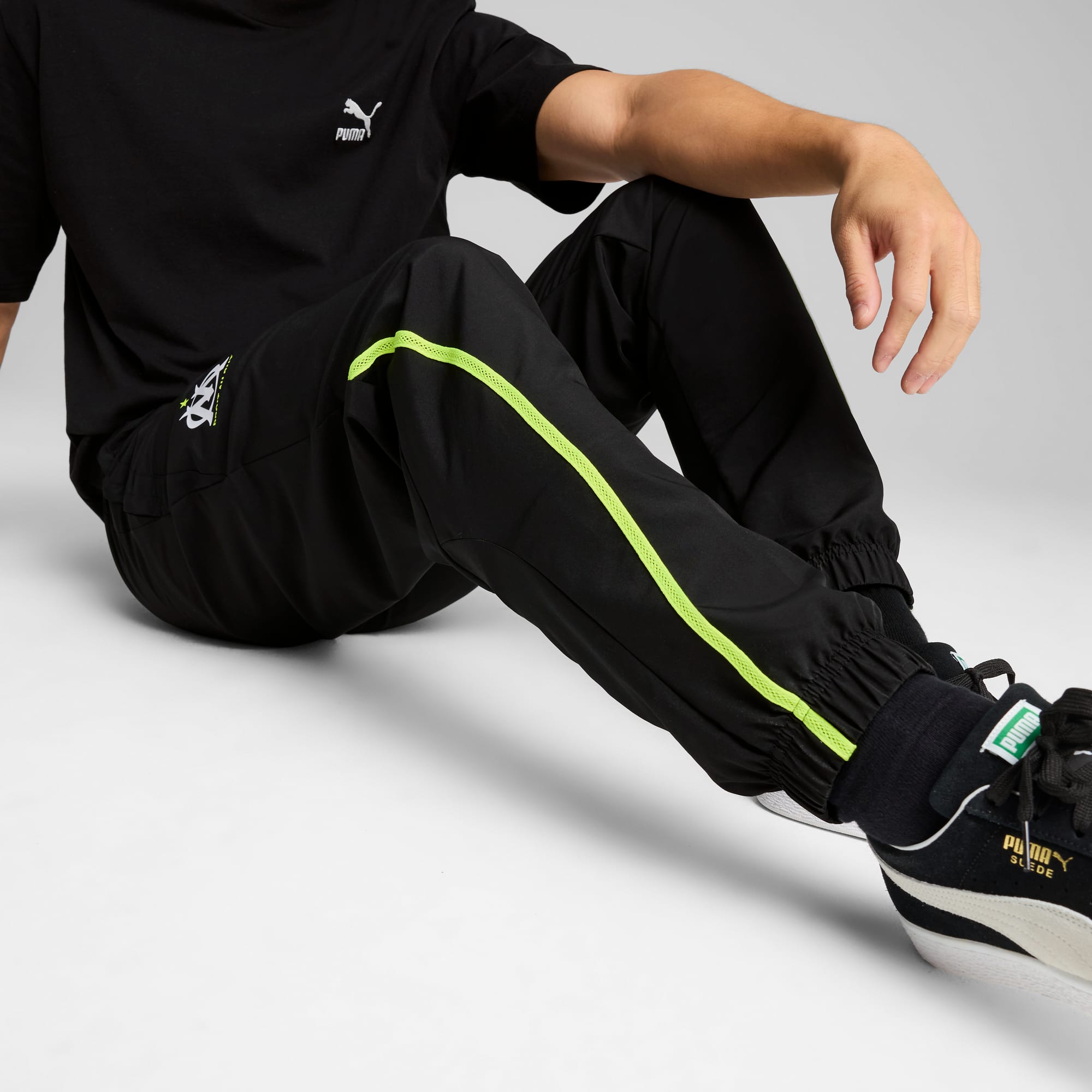 Olympique de Marseille FASTER Woven Pants Men, PUMA Black-Yellow Alert, large