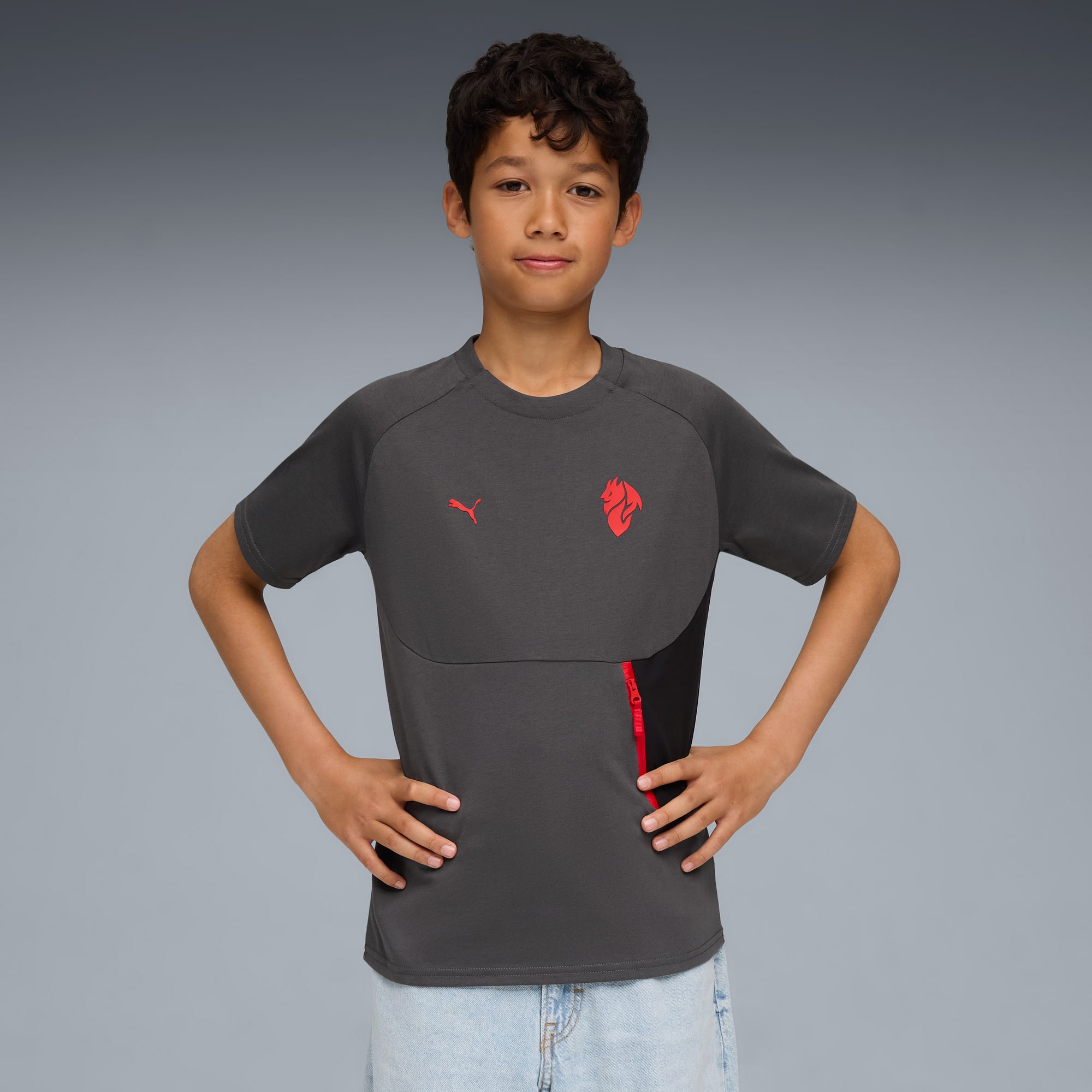 AC Milan PUMATECH Pocket T-Shirt Teenager, Shadow Gray-For All Time Red, large