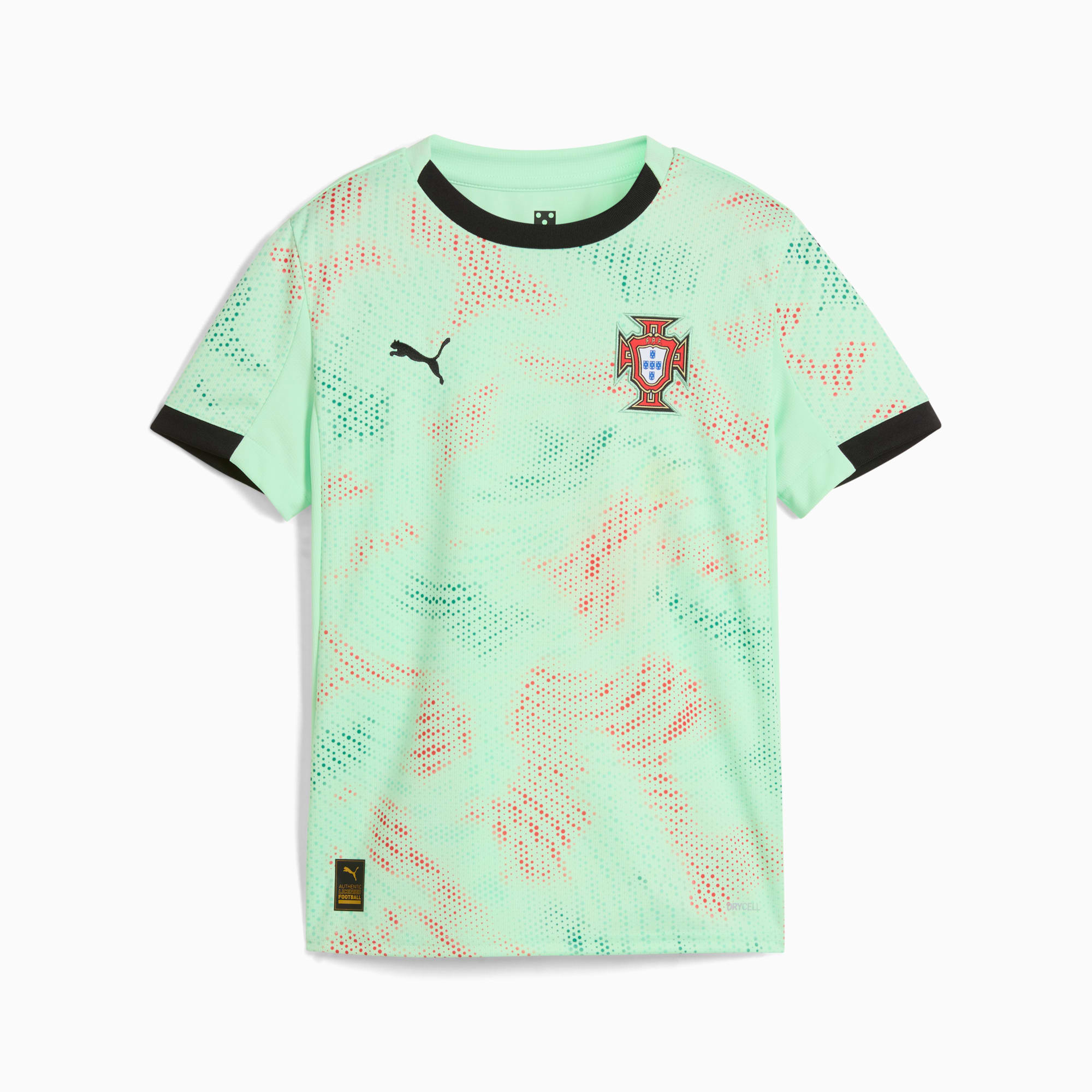 T-shirt PUMA color menta per giovani con punti sparsi e stemma Portogallo.