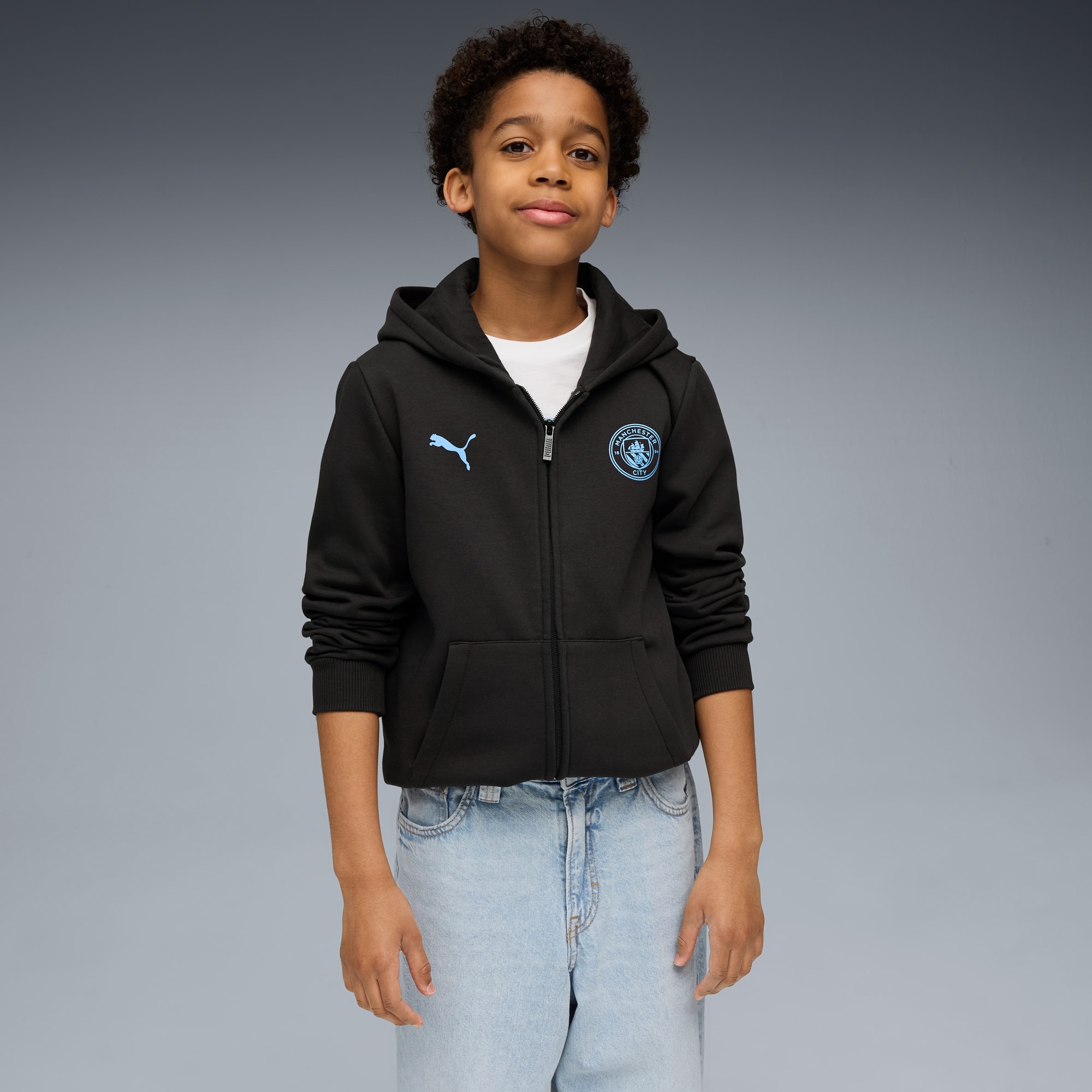 Manchester City FtblEssentials Hooded Jacket Youth, PUMA Black-Team Light Blue, large