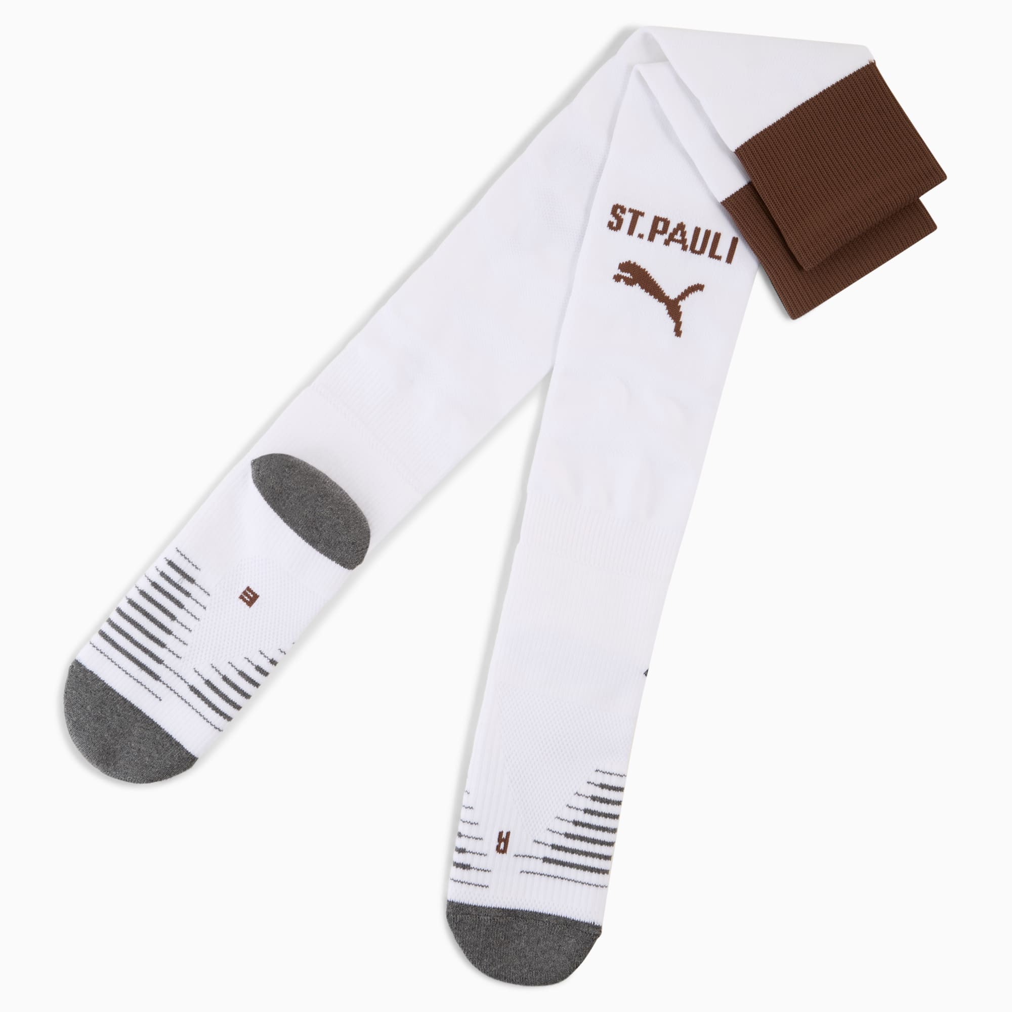 Chaussettes blanches PUMA adulte avec détails marron, logo St. Pauli et accents gris.
