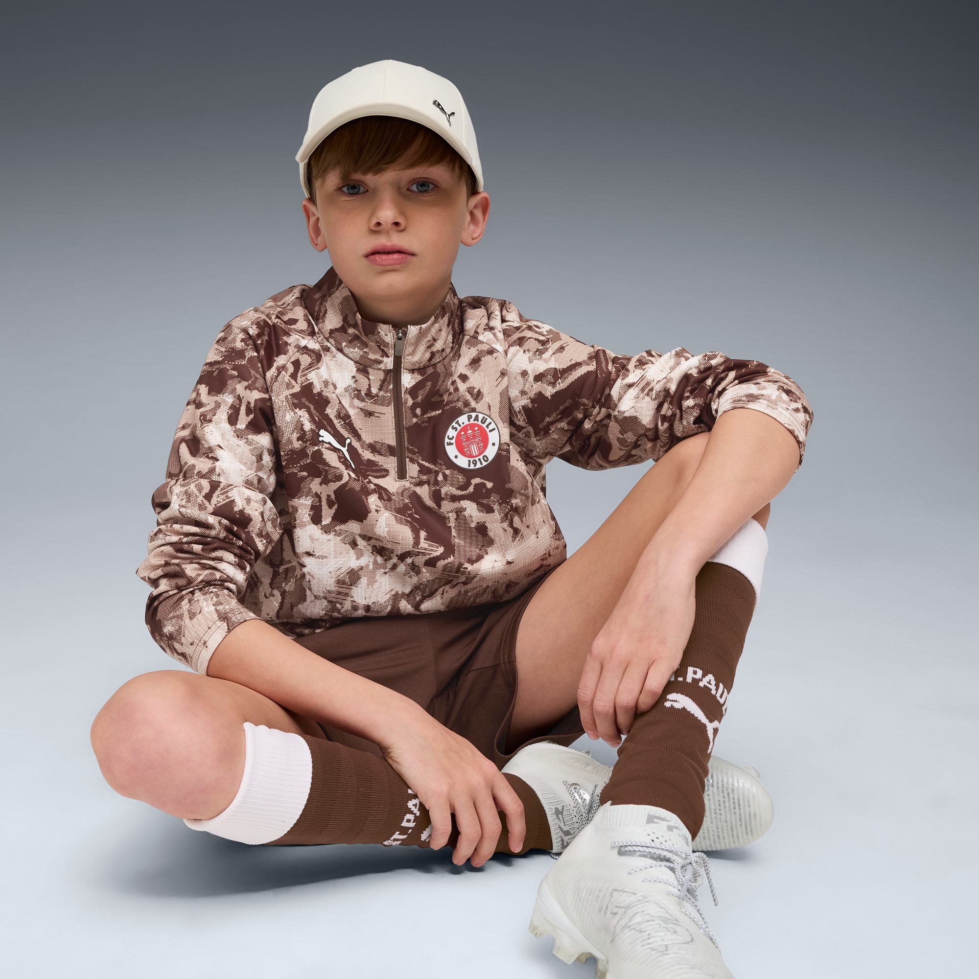 Maglia pre-partita con zip corta FC St. Pauli per ragazzi, Espresso Brown-PUMA White, large