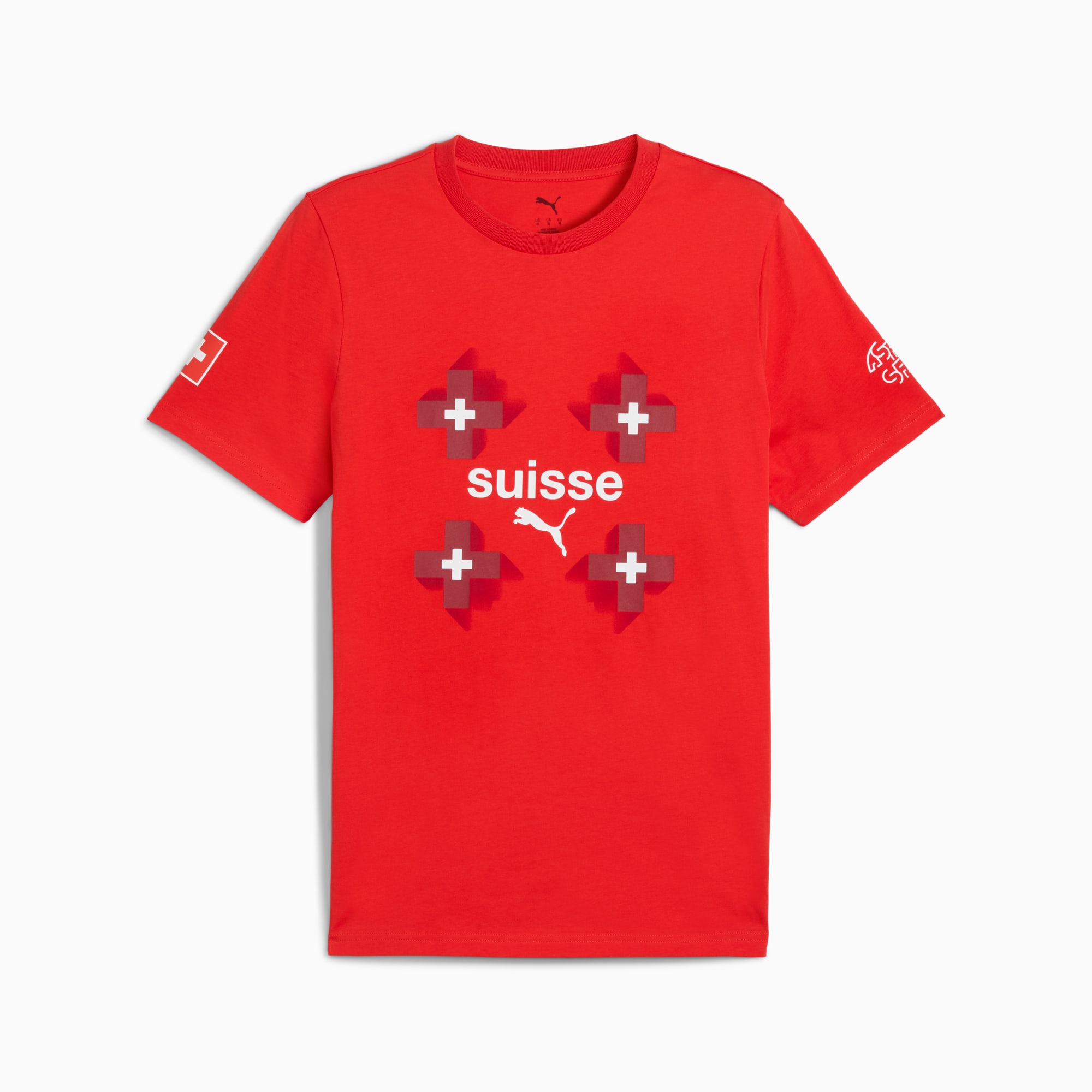 T-shirt rossa PUMA per giovani, con croce ispirata alla bandiera svizzera e scritta 'suisse'.