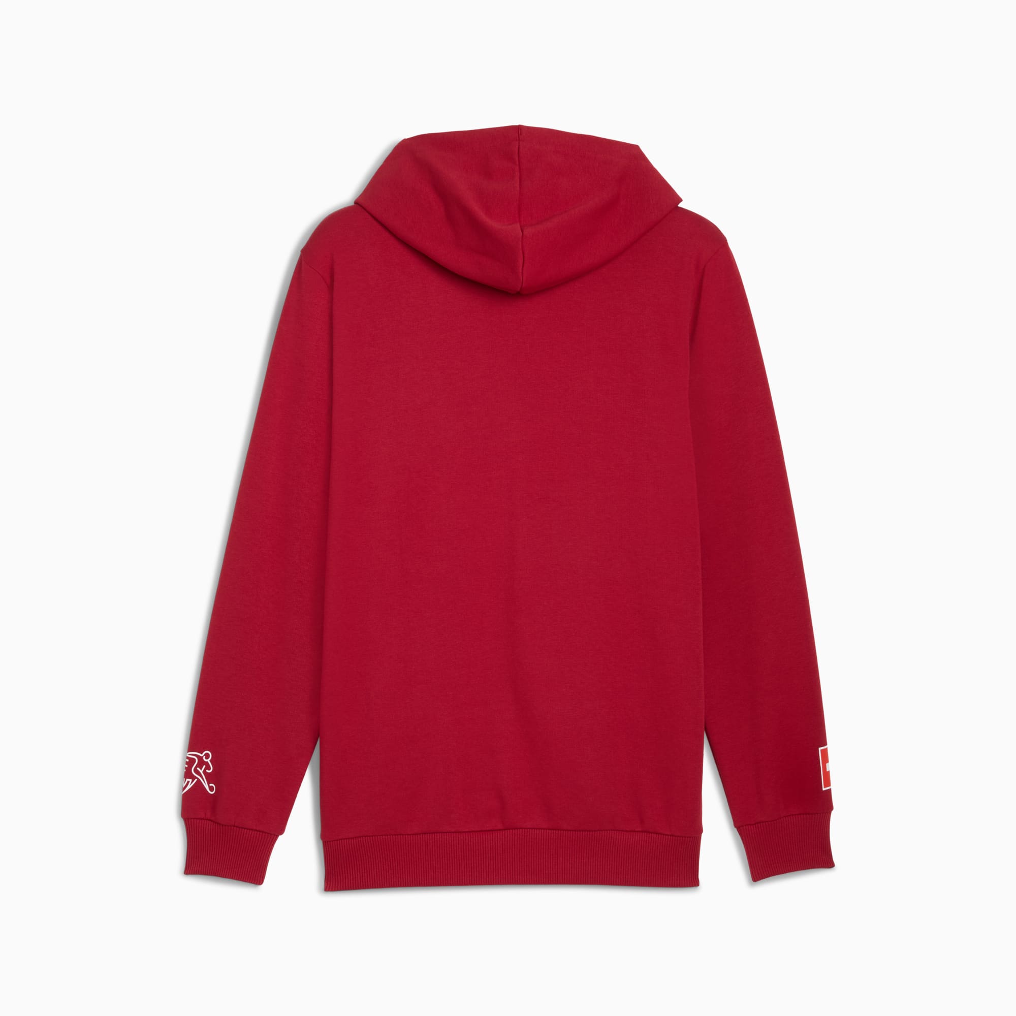 Red PUMA hooded top for adults, featuring long sleeves and subtle logo detailing.