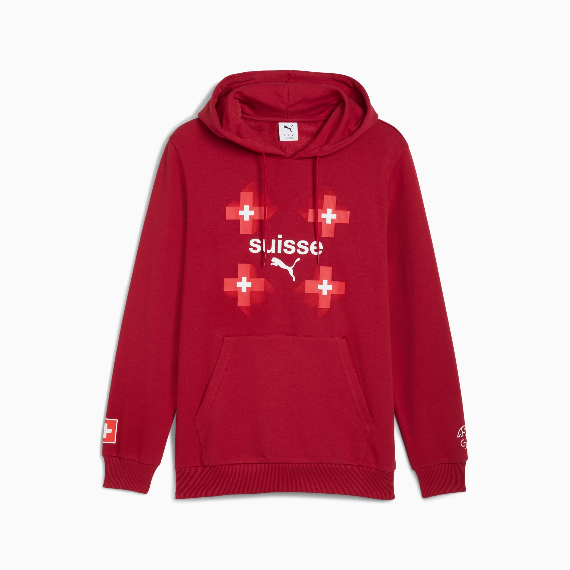 Rode PUMA hoodie met 'Suisse' tekst en Zwitsers kruis grafisch, voor volwassenen.