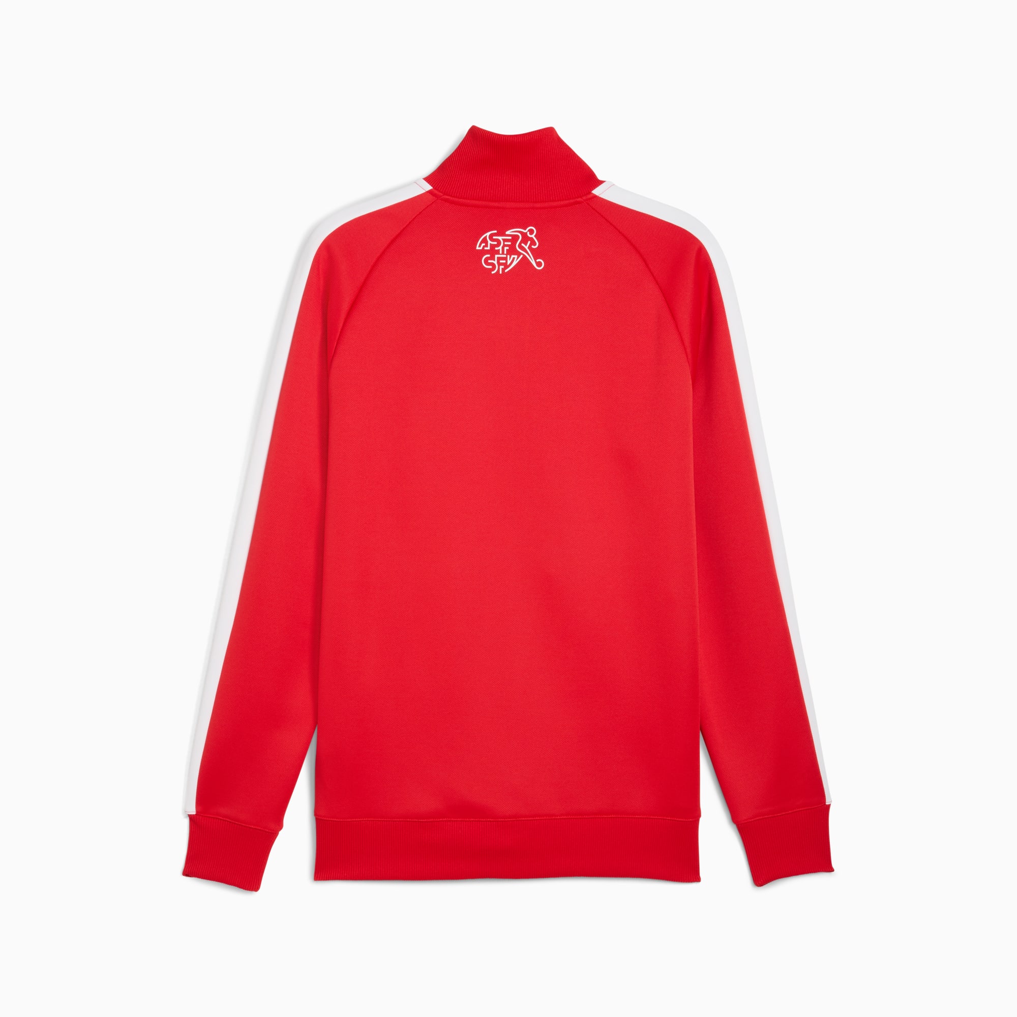 Rote PUMA Trainingsjacke für Erwachsene mit weißen Streifen an den Ärmeln und Logo hinten.