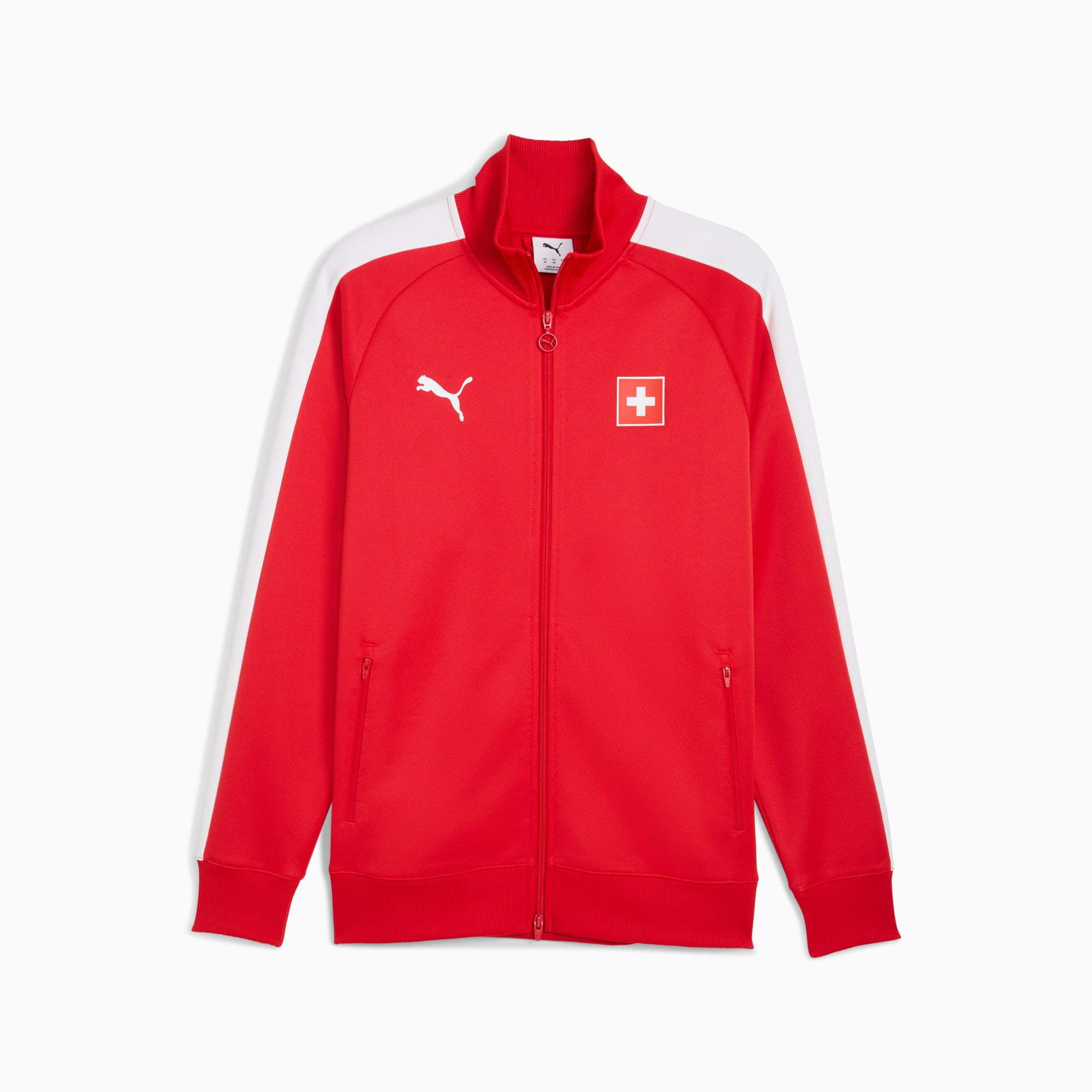 Rote PUMA Trainingsjacke für Erwachsene mit weißen Streifen und Schweizer Flagge.