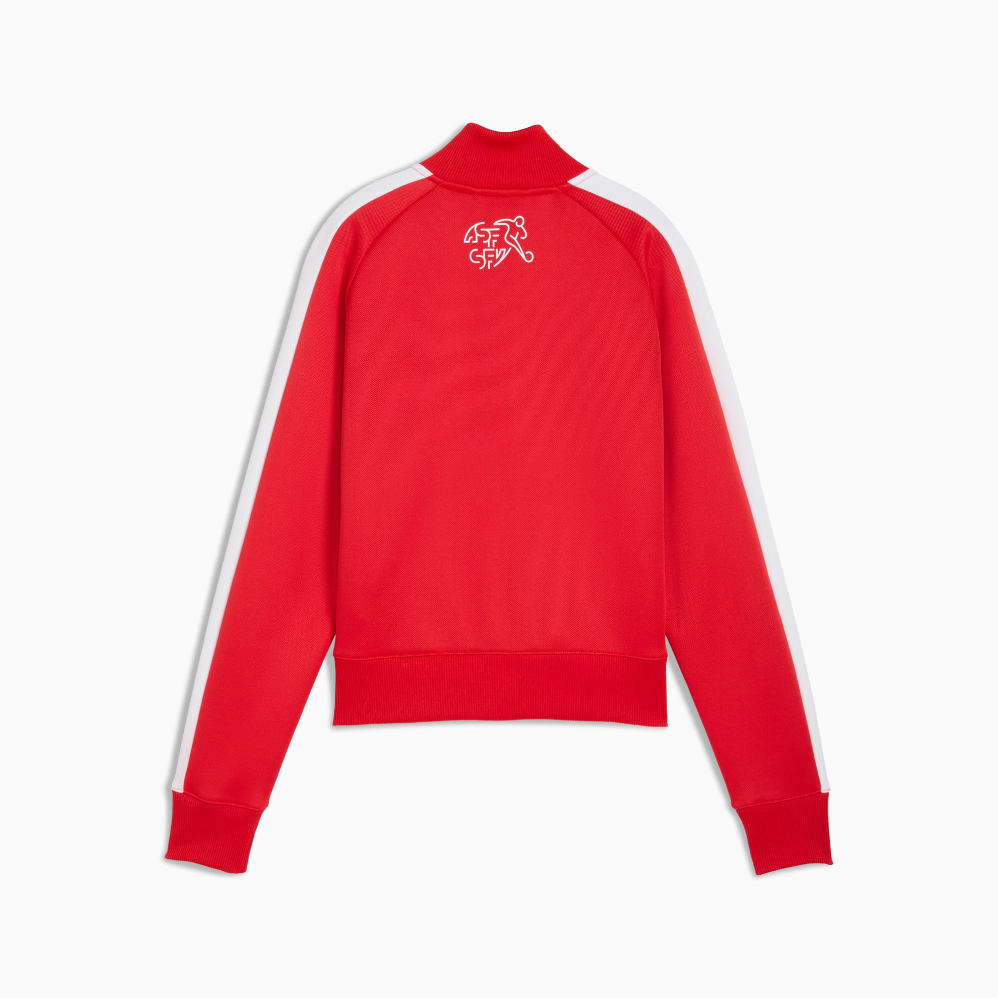 Rood PUMA trainingsjack voor volwassenen met witte strepen op mouwen en logo op de rug.