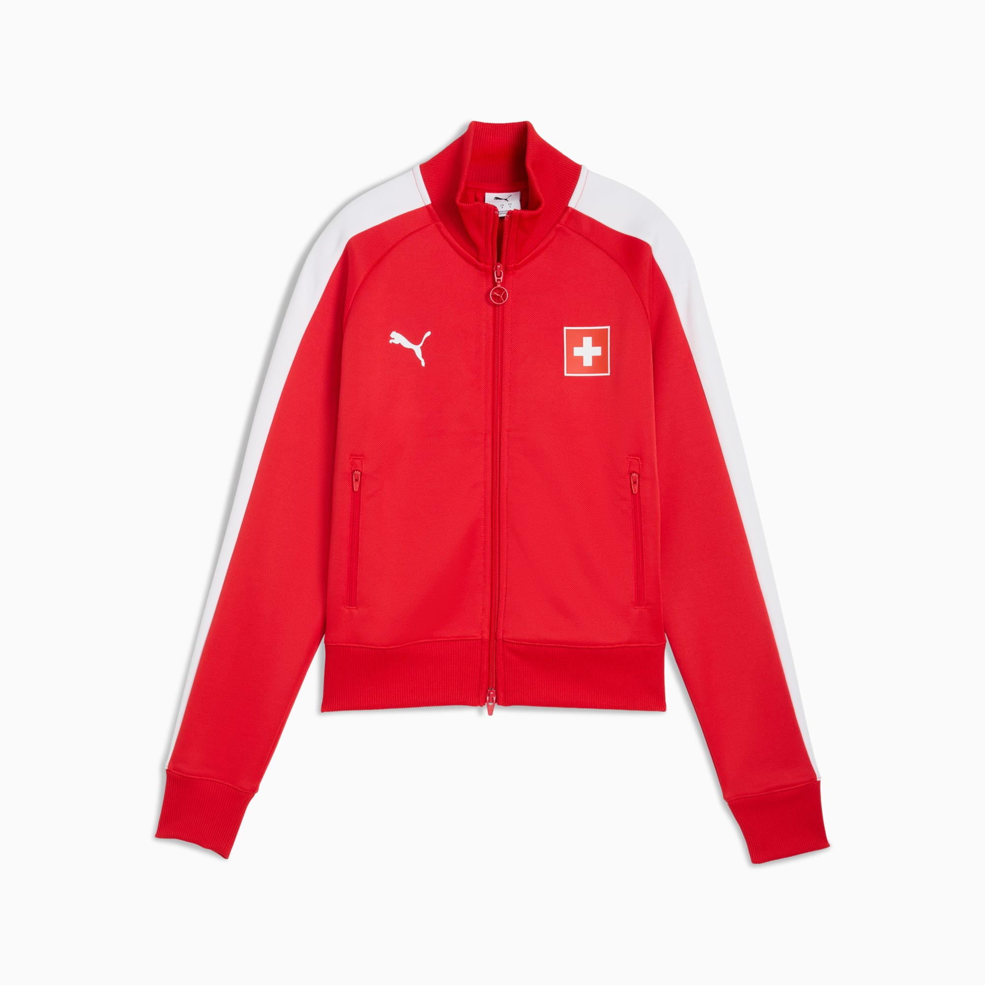 Rode PUMA trainingsjas voor jongeren met witte strepen en een Zwitsers vlagembleem.