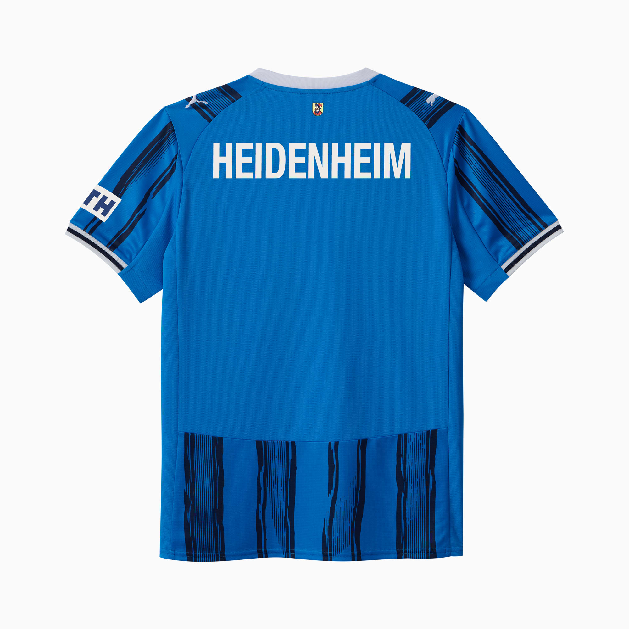Blauw PUMA voetbalshirt met 'HEIDENHEIM' tekst en zwarte streepdetails.
