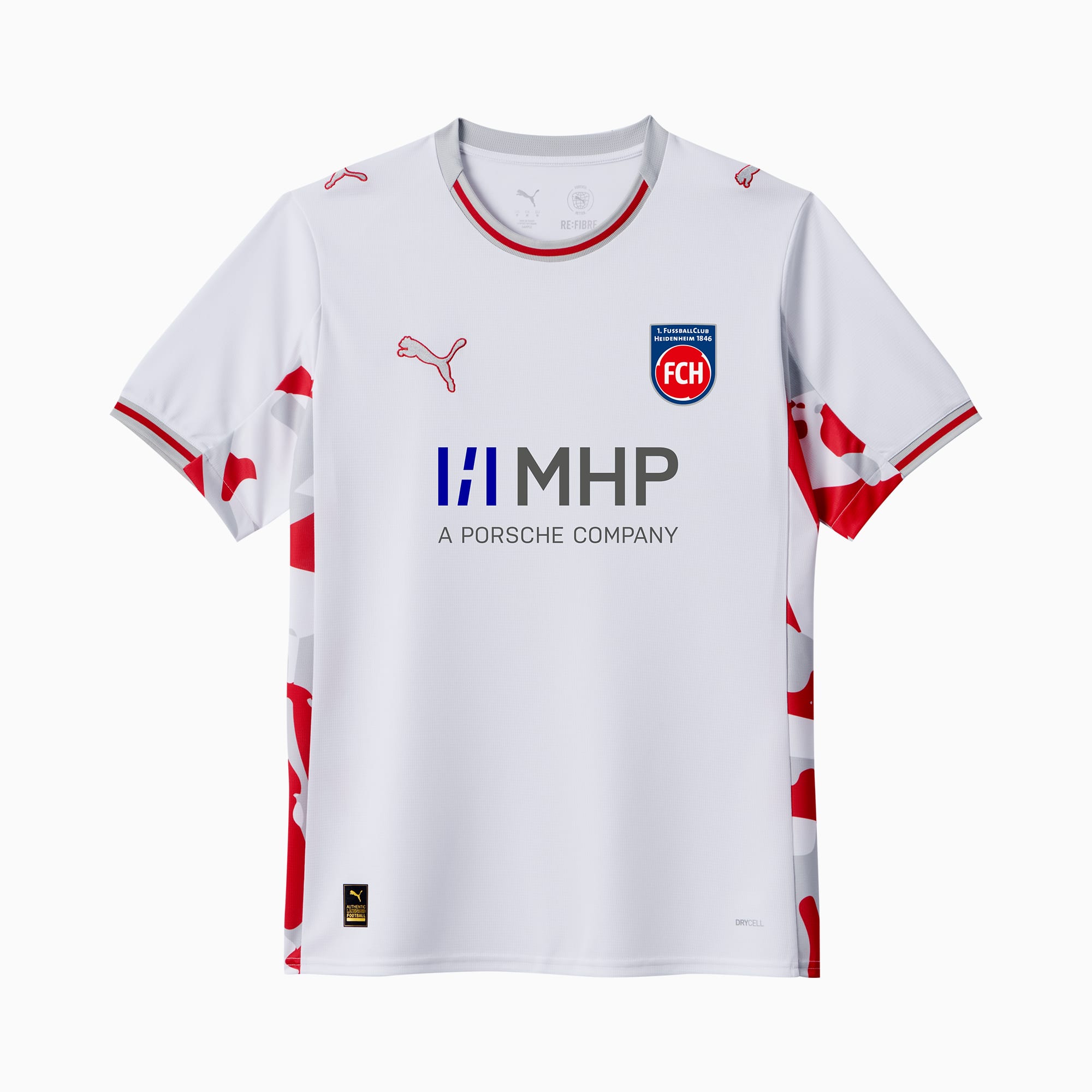 Wit PUMA shirt met sponsorlogo's en rode accenten op de mouwen en zijkanten.