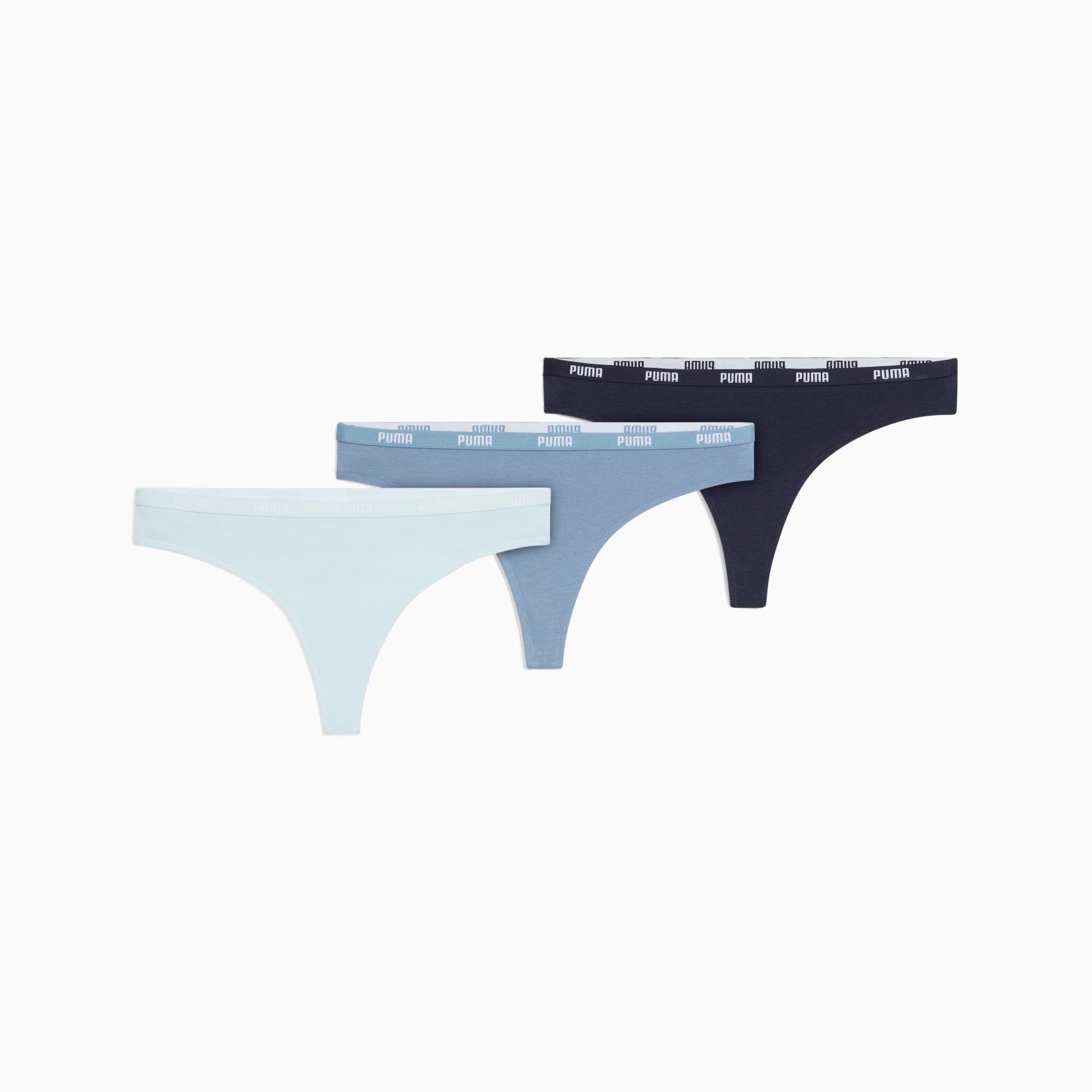 Drie PUMA dames strings in lichtblauw, blauw en marineblauw met merk taillebanden.