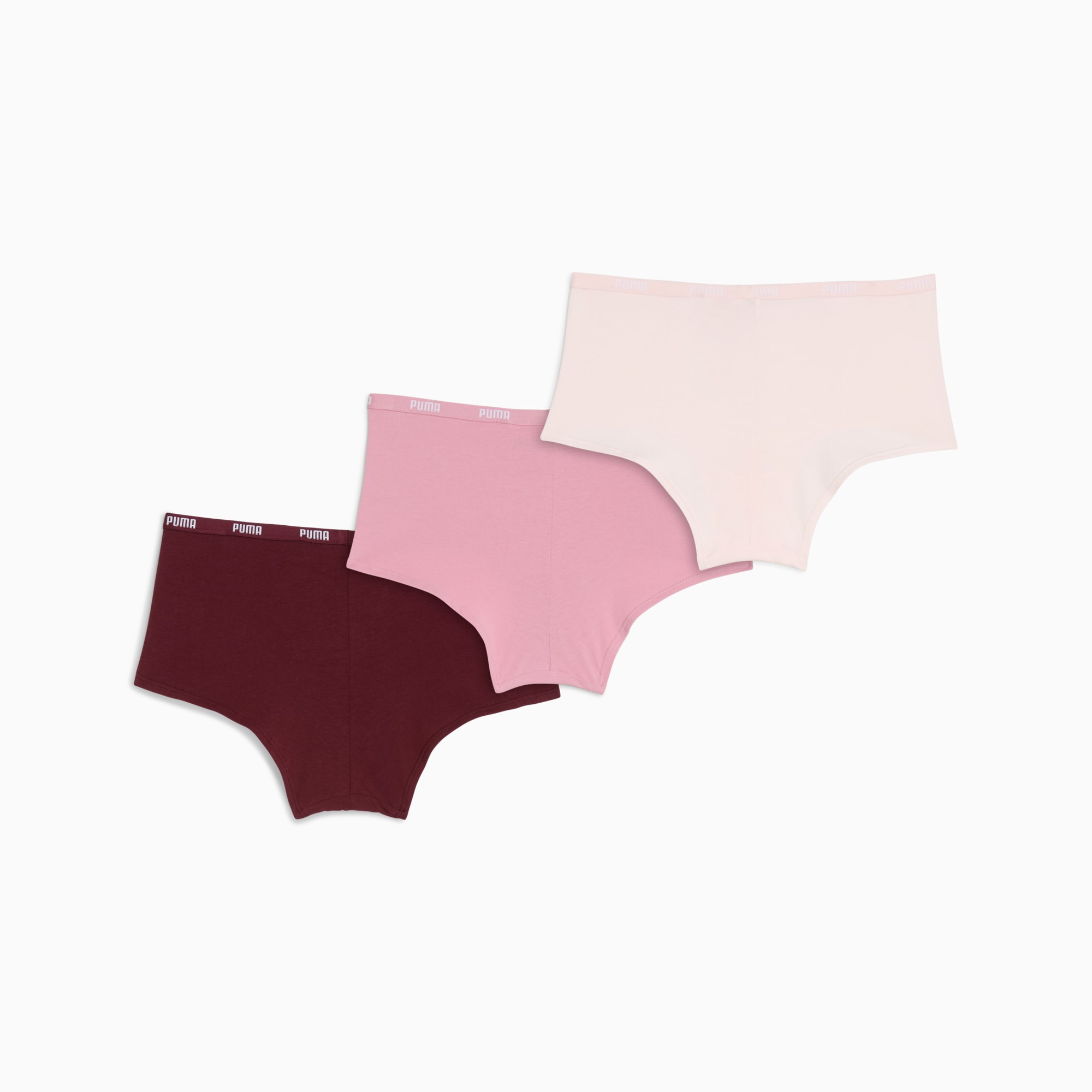 Bordeaux, rose, crème, culottes PUMA avec logo à la taille pour femme.