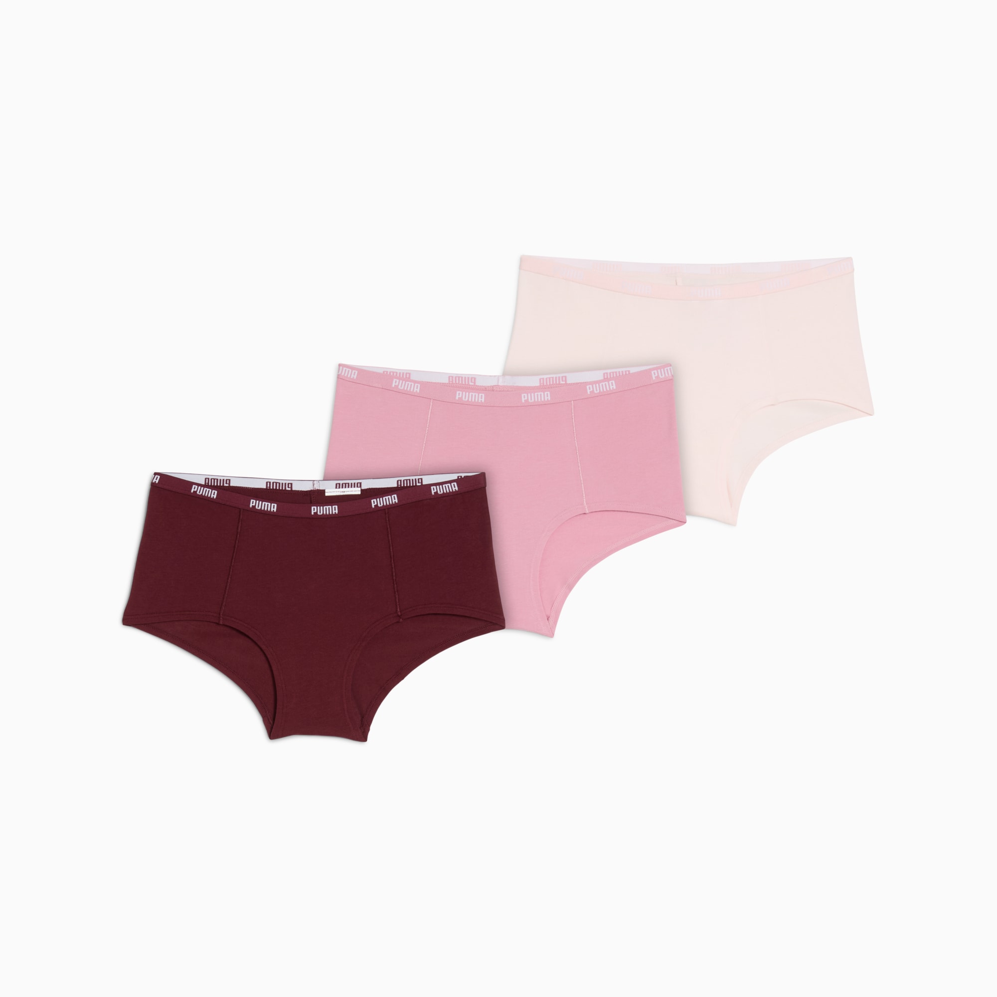 Lot de trois culottes PUMA femme, bordeaux, rose et crème, avec ceinture logotée.