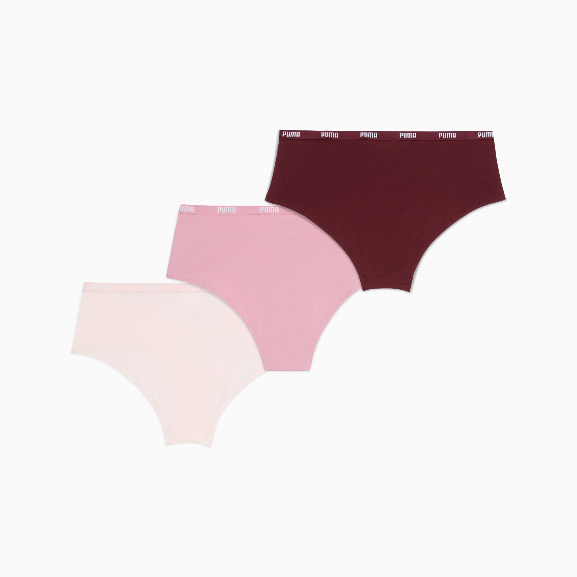 Slip da donna PUMA bordeaux, rosa e crema con elastico logato.