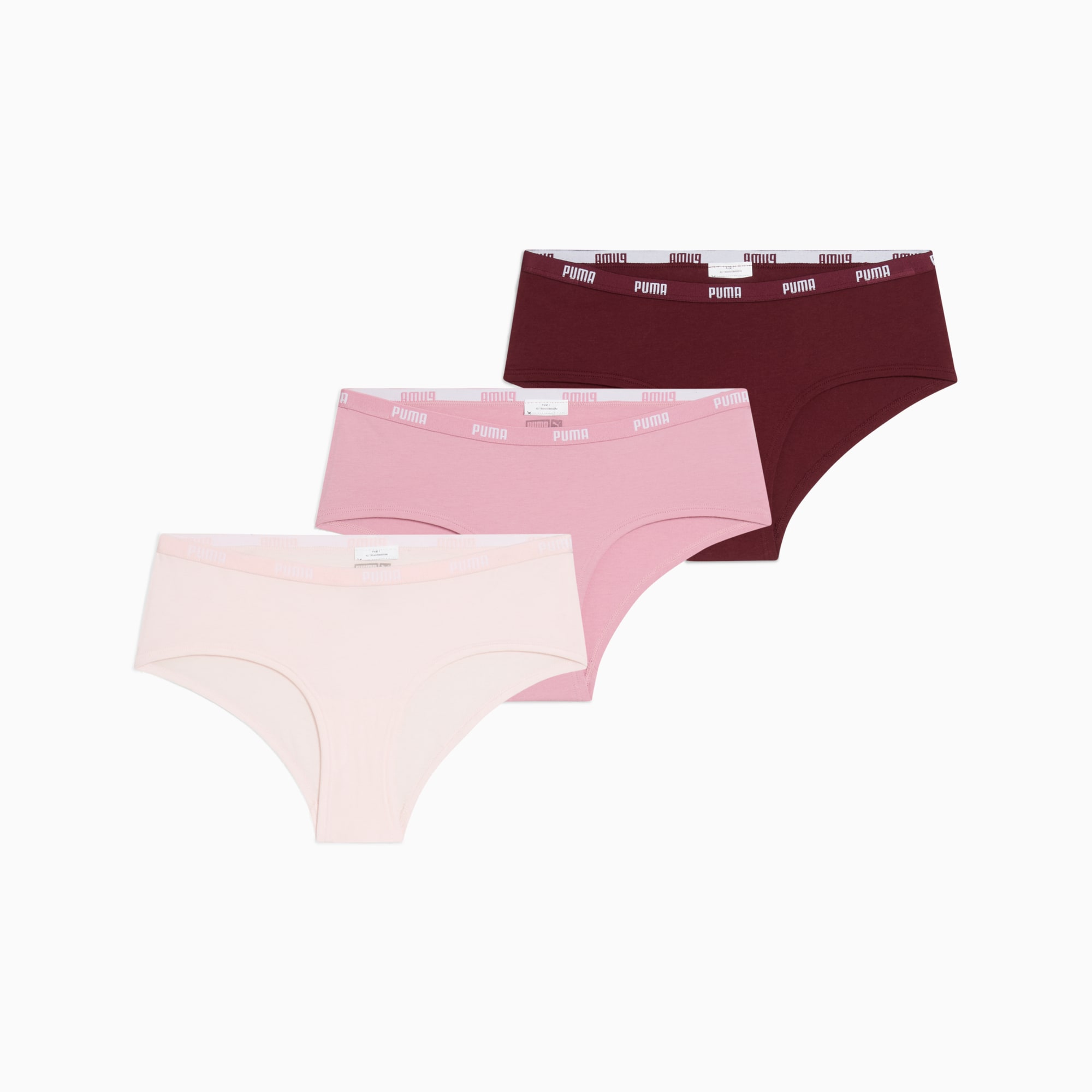 Tre slip PUMA da donna, rosa chiaro, rosa e bordeaux, con logo in vita.